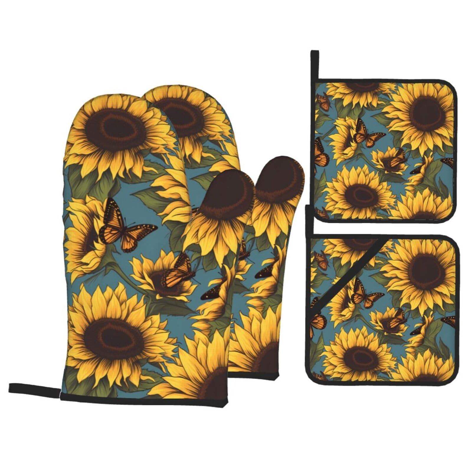 HJFCZH Butterfly and Sunflower Picture Kitchen Baking Set of 4 Thick Insulated Oven Mitt & Pot Holders, Anti-Scalding for Microwave, Oven, Outdoor BBQ