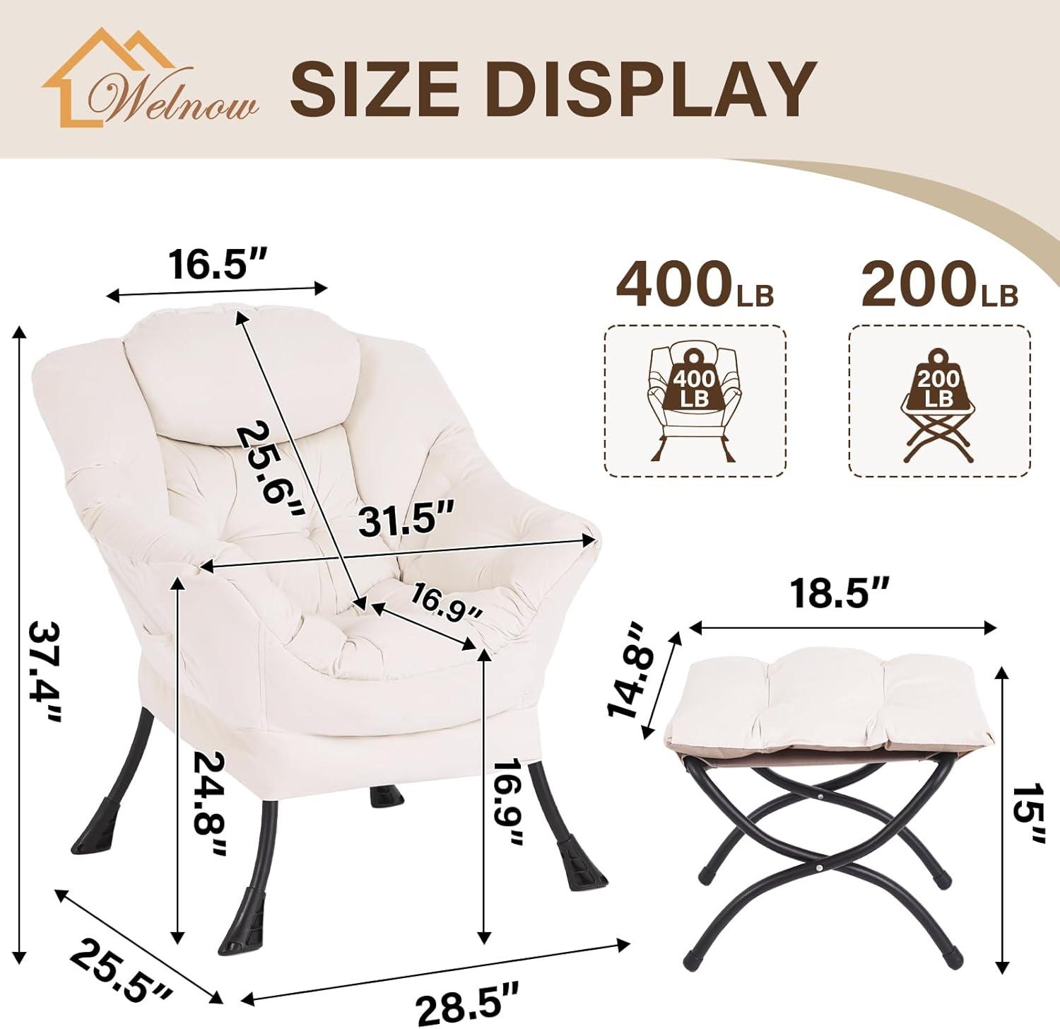 Welnow Lazy Chair with Ottoman, Reading Chair with Footrest, Off‑White image 2