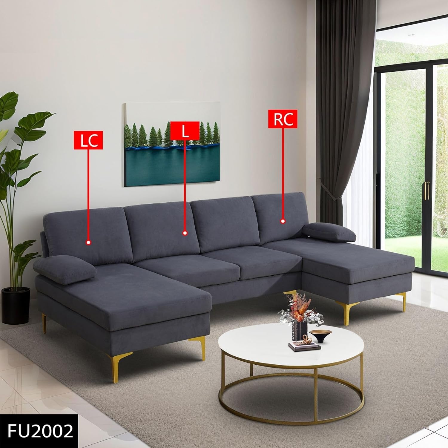 U-Shaped 3-Piece Living Room Sofa Set Deep Grey Fluffy Fabric