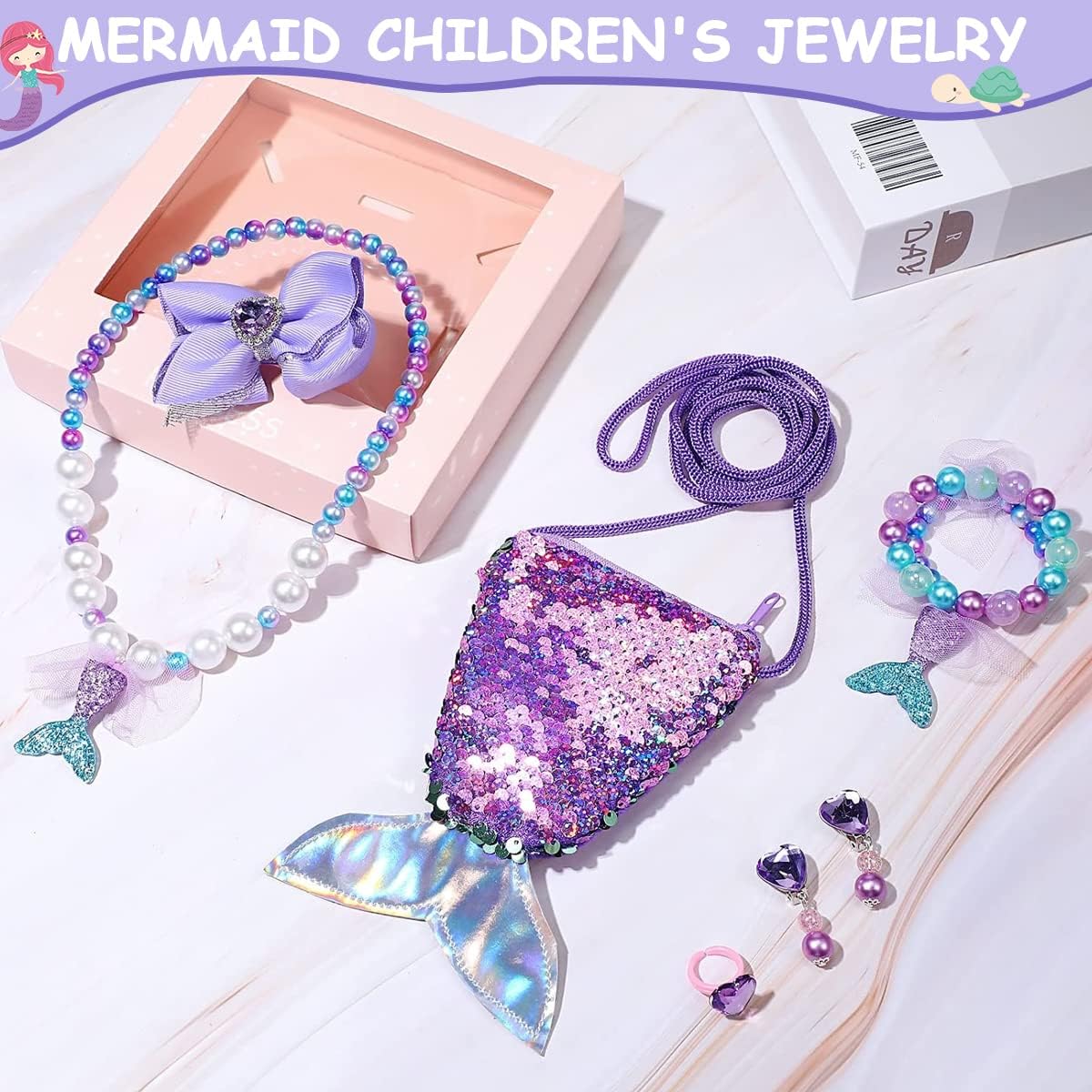 SANNIDHI® Mermaid Kids Jewelry Set Cute Pearl Necklace Bracelet for Girls Included Sling Bag Hair Bow Ring Earrings Princess Kit Theme Party Dress Up Christmas Gift 3PCS