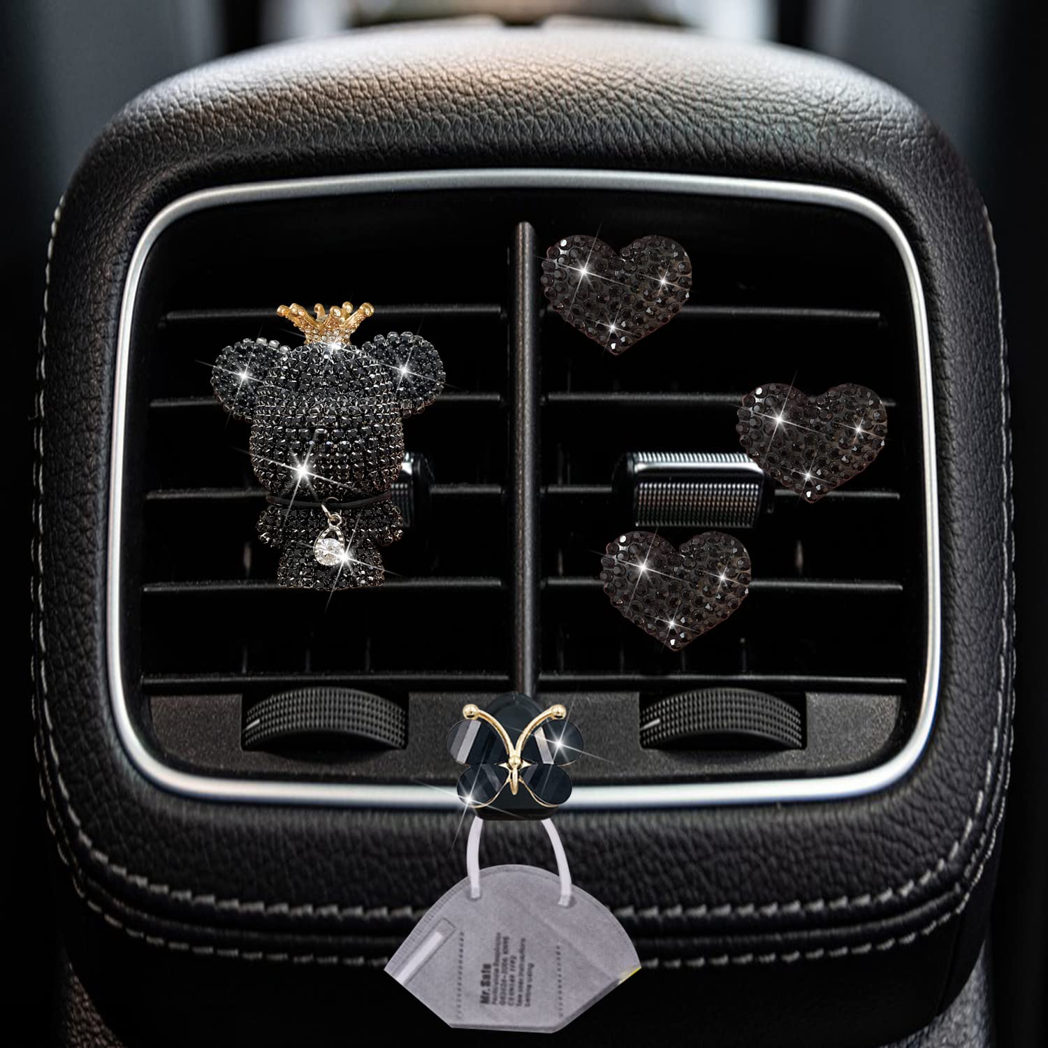 Lot de 4 désodorisants noirs en forme de cœur et d'ours pour grille d'aération de voiture - Diffuseur de voiture en diamant - Accessoire de voiture mignon - Décoration de voiture pour femme + crochet