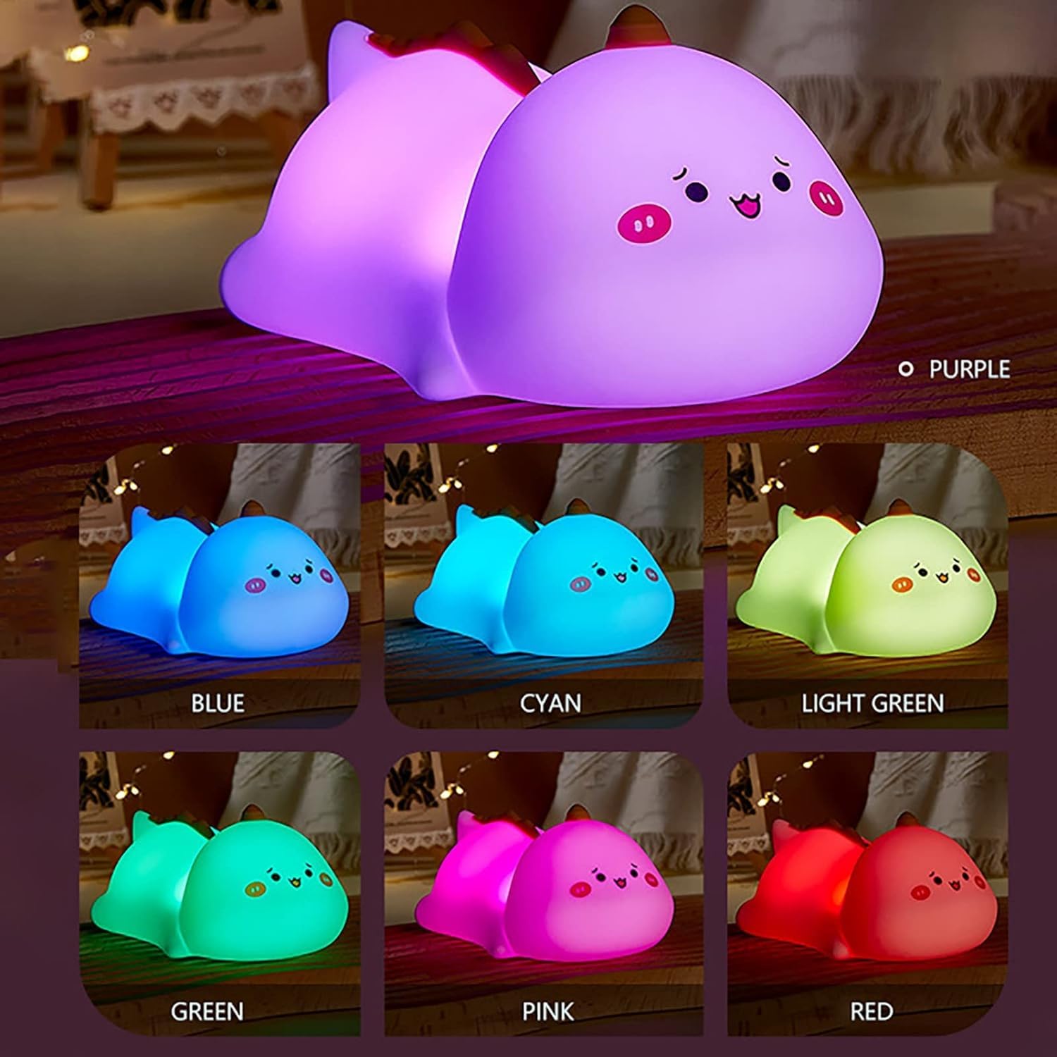 Único Luz Nocturna táctil, lámpara de Noche para niños, Lindos Dinosaurios, Silicona, 7 Colores, lámpara de Noche Recargable con Animales Luz de Noche