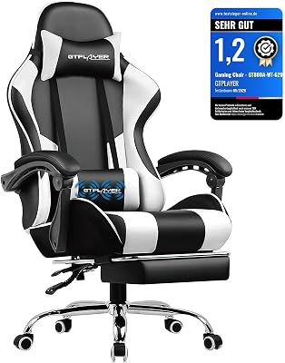GTPLAYER Gaming Stuhl Bürostuhl Massage Gaming Sessel Ergonomischer Gamer Stuhl mit Fußstütze, Massage-Lendenkissen, Gepolstert Gaming Chair, Drehsessel, 150KG, weiß