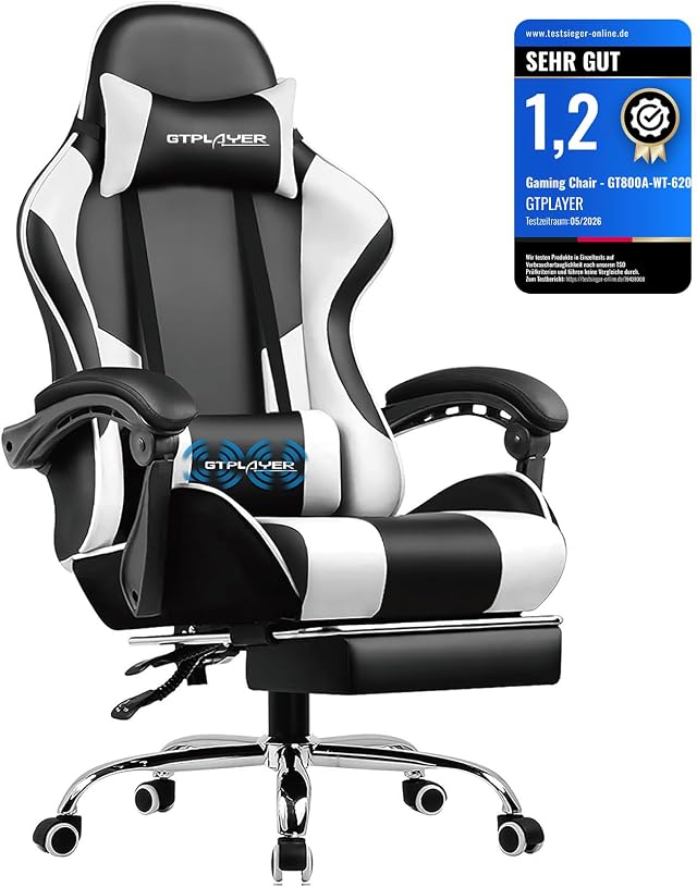 GTPLAYER Gaming Stuhl Bürostuhl Massage Gaming Sessel Ergonomischer Gamer Stuhl mit Fußstütze, Massage-Lendenkissen, Gepolstert Gaming Chair, Drehsessel, 150KG, weiß