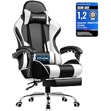 GTPLAYER Office Chair Gaming Chair Massage Gaming Chair Ergonomic Gamer Chair with Footrest Headrest Massage Lumbar Cushion Padded Gaming Chair Swivel Chair Faux Leather White