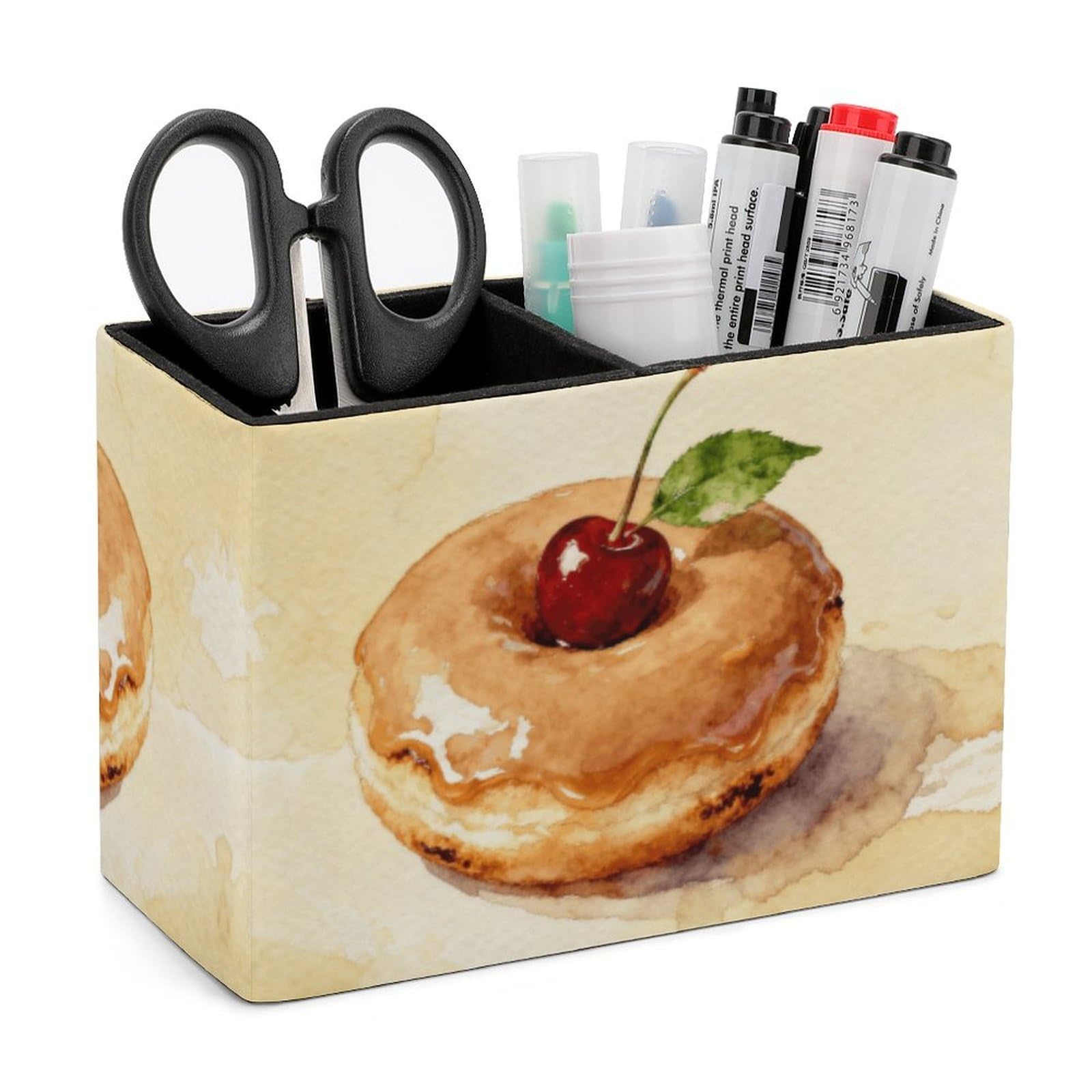 LZQPOEAS Exquisite Patterns PU Leather Pen Holder, Multifunctional Desktop Organizer Caddy with 2 Compartments, Donuts Pencil Cup Makeup Brush Holder for Office Home