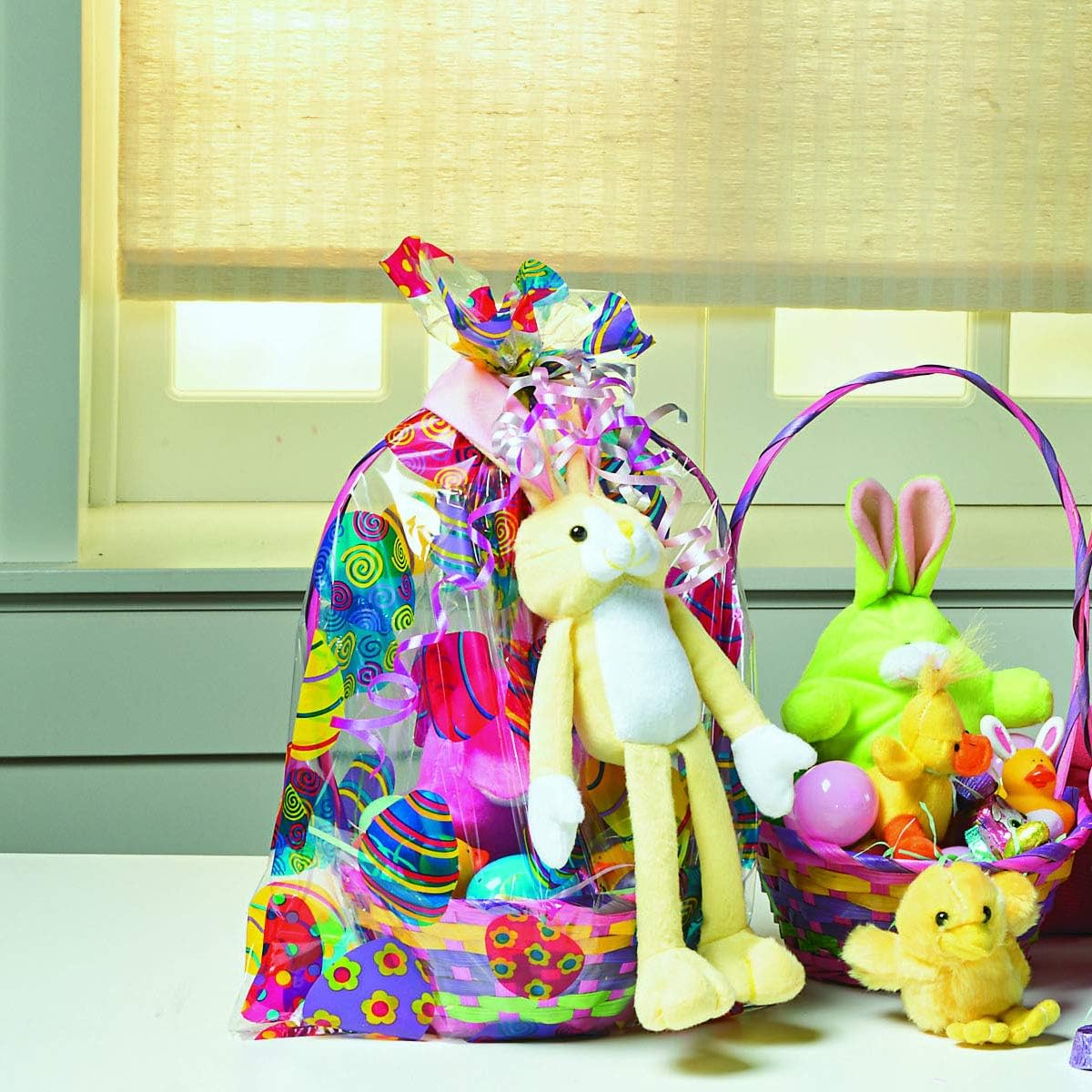 Easter Basket Bags (12 Pack) 17 3/4" tall cellophane | bags for easter baskets small to medium baskets | plastic basket wrap | clear transparent plastic cello with adorable easter egg design