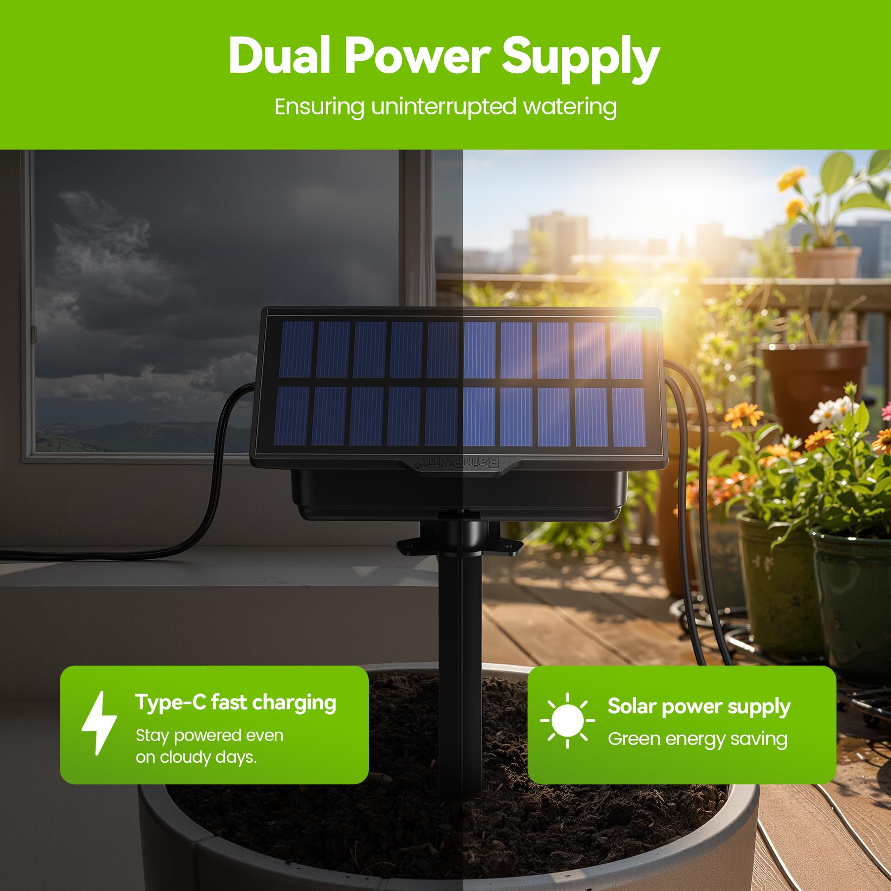 RAINPOINT Solar Bewässerungssystem Garten, Neues Schlauchdesign für gleichmäßige Wasserverteilung, Automatische Tropfbewässerungs-Kit balkon mit 90 Timer-Modi +15 M Schlauch, Anti-Siphon, 30L/H