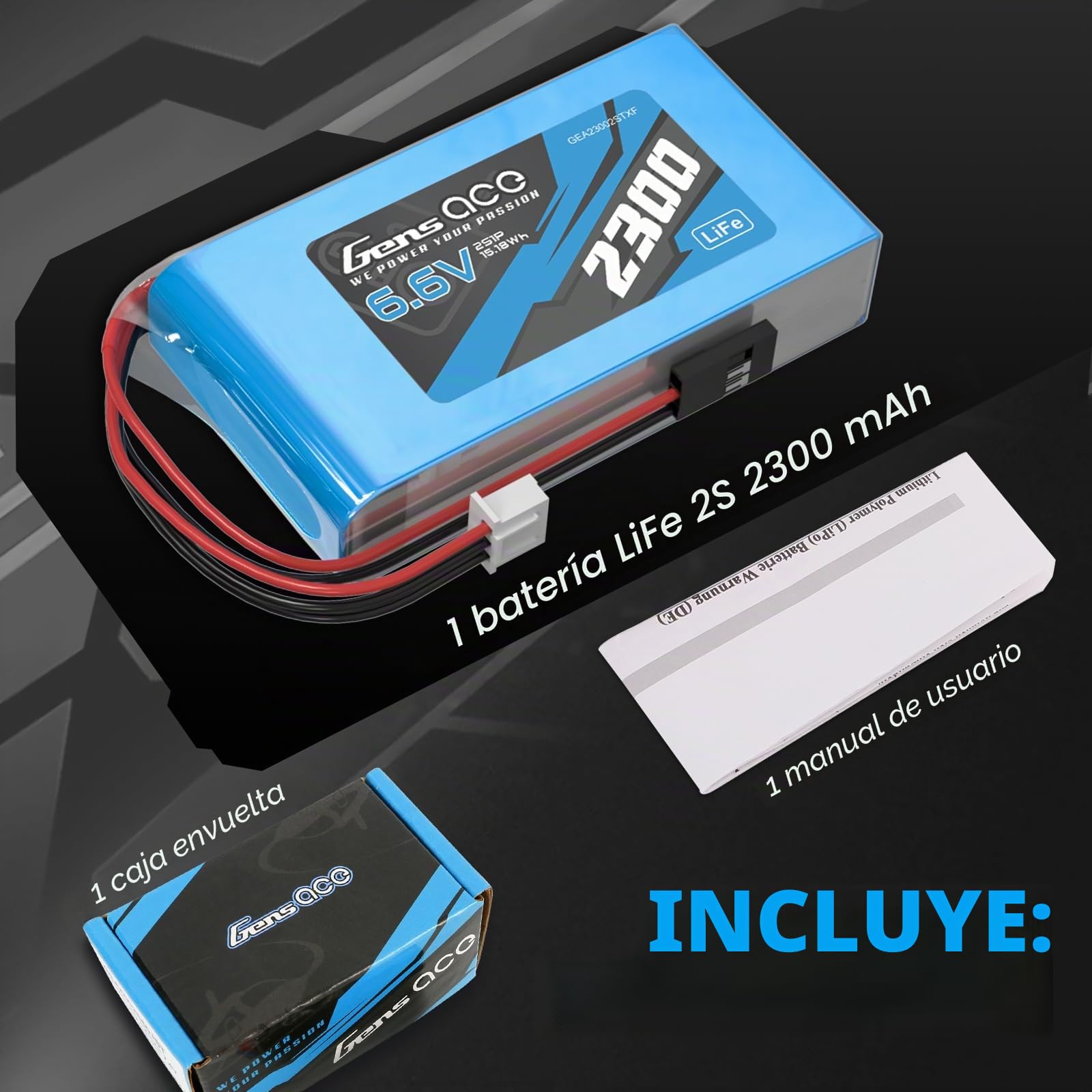 Gens ace Batería Li-Fe 2S1P 6,6 V 2300 mAh con Conectores JST-XHR y Futaba – Batería de Baja Descarga para Emisora RC/Transmisor