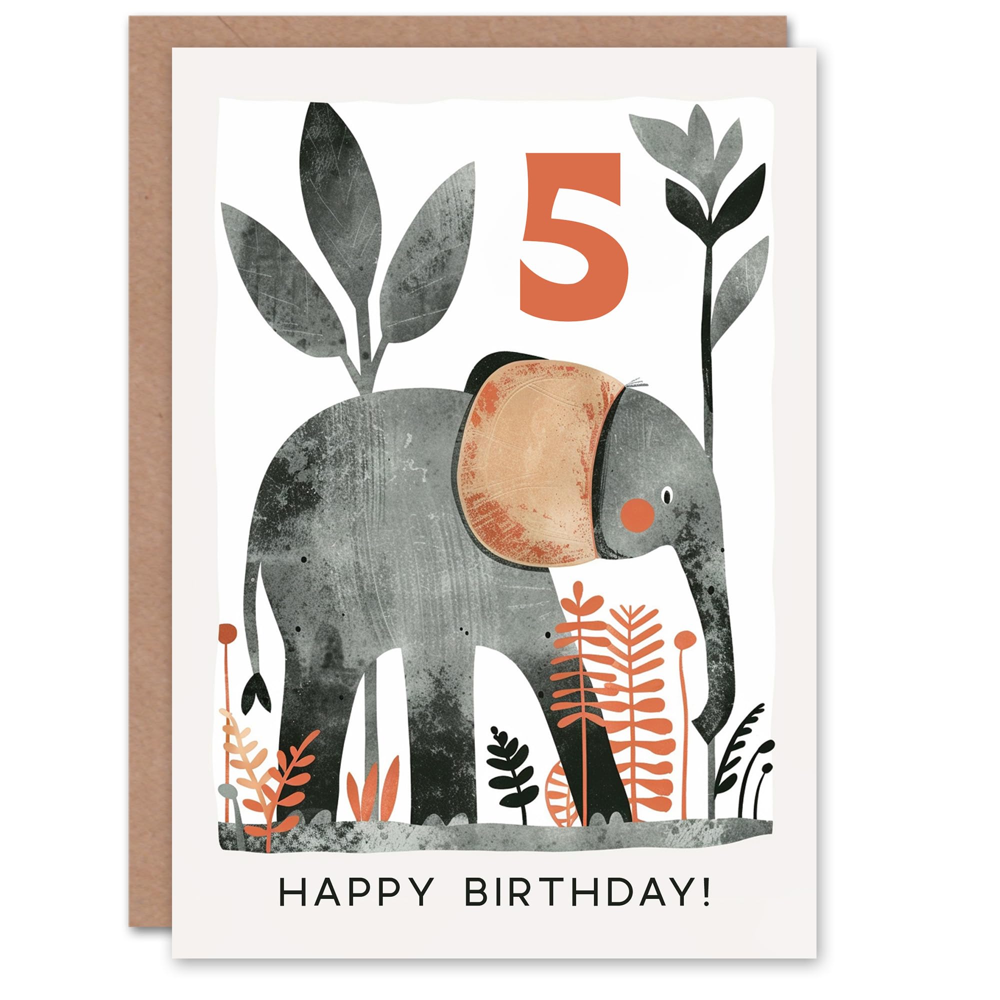 Artery8 Birthday Card Elephant Safari Nature Animal Cartoon Cute 5th 5 Year Old For Child Kids Son Daughter Greeting Card