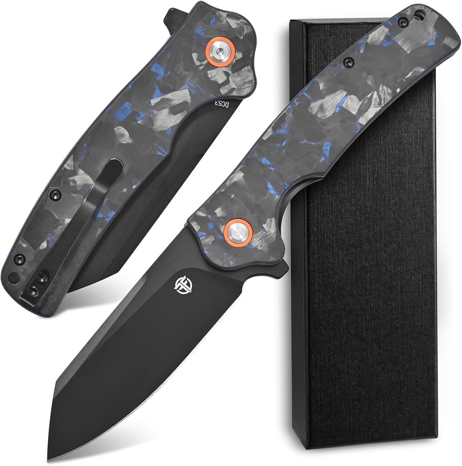FF24 Folding Knife, DC53 Steel Blade Carbon Fiber Handle with Ball Bearing for Outdoor Camping Hiking Working Survival (Blue)