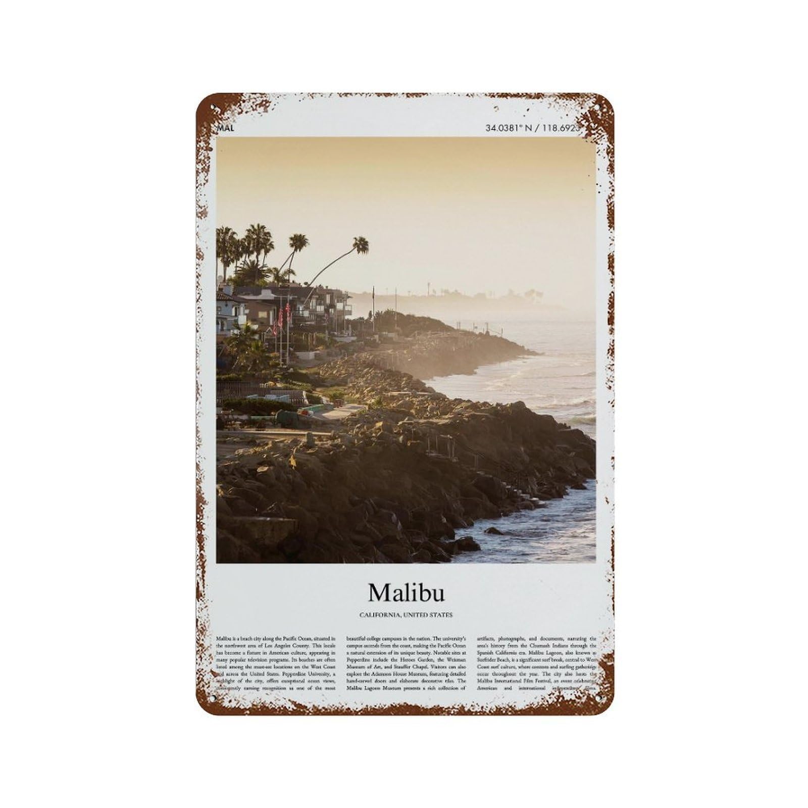 xiaoxiaoshen Malibu California City Scenery Wall Decor Art Metal Tin Poster Modern Home Decor Art Home Bar Shop Decorations Vintage Sign 30x20cm