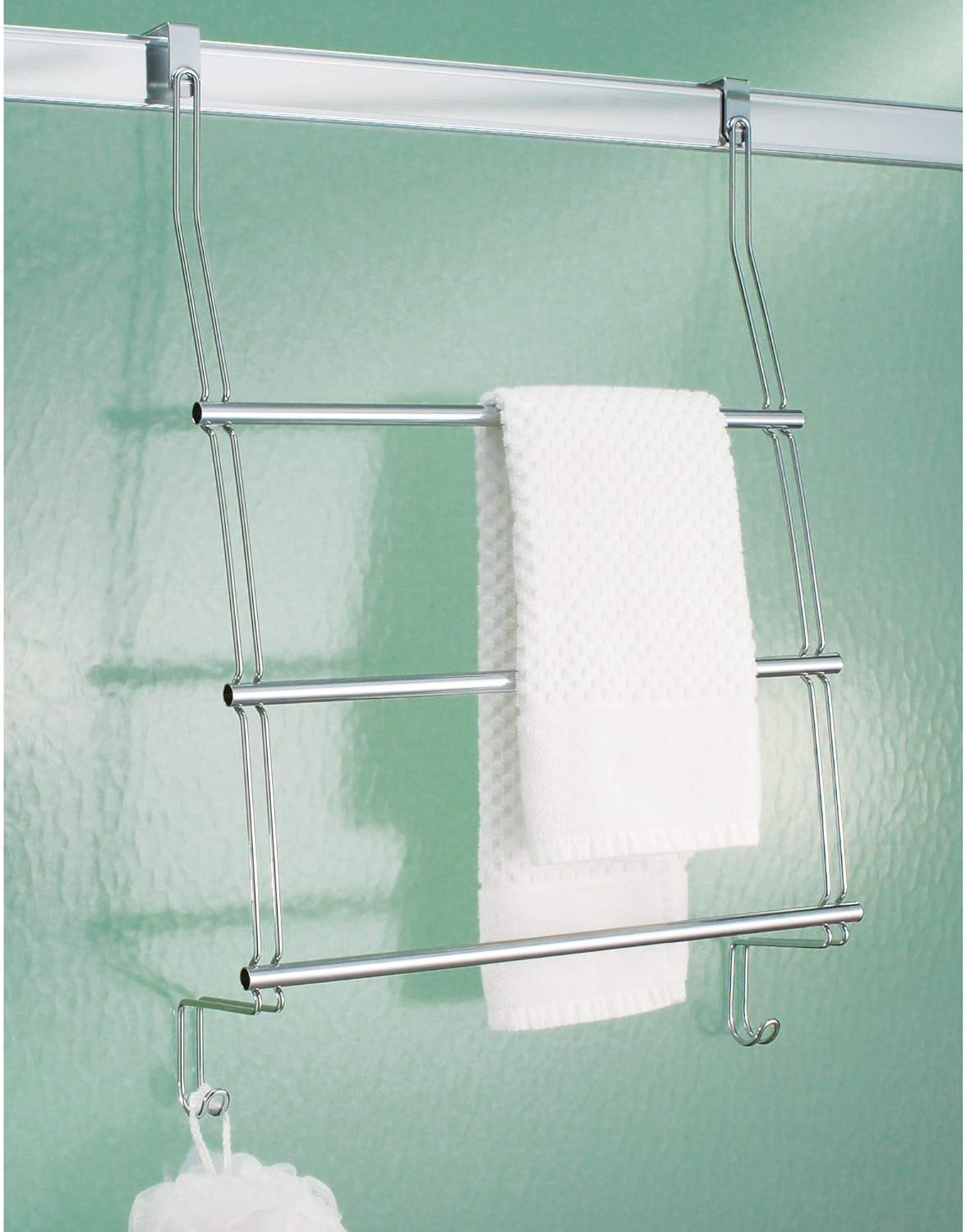 iDesign Classico Steel Over-The-Door Towel Rack with Storage Hooks - 16.75" x 4.25" x 24", Chrome