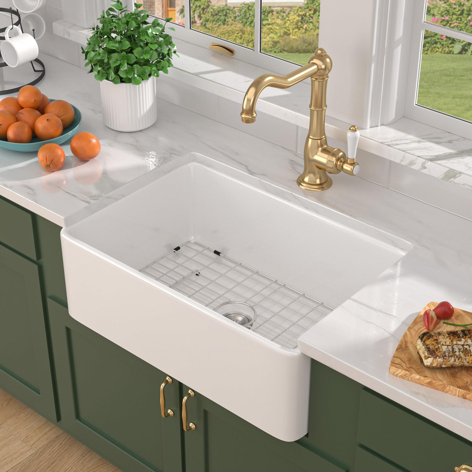 White Farmhouse Sink - 30 Inch Fireclay Farmhouse Sink Reversible Apron Front Country Style Undermount Installation Farmer Single Bowl Sinks Basin, 30"x20" #TLAC-0032