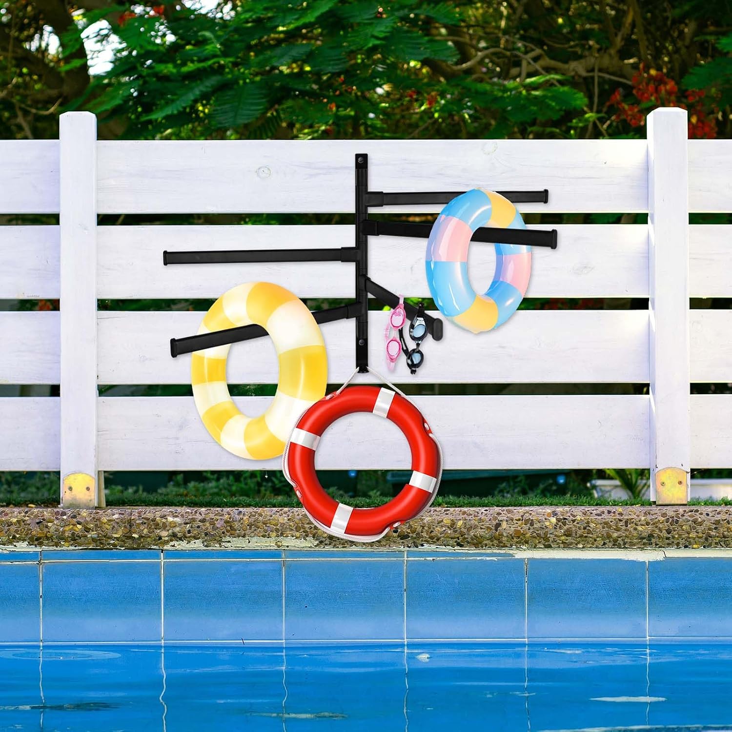 Rotating Pool Towel Rack, 5 Bars Swivel Outdoor Towel Rack with Hook Space Saving Wall Mounted Metal Towel Holder Swing Out Ideal for Pool, Hot Tub,Shower,Balcony