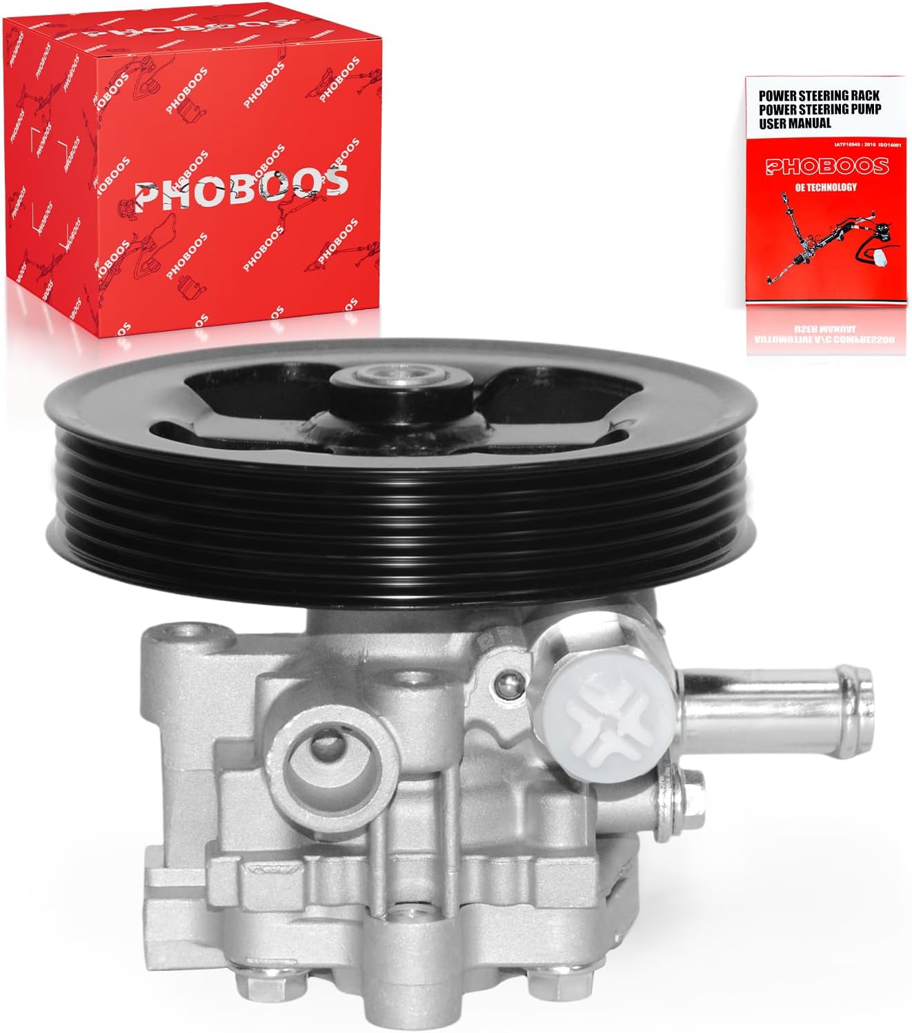 PHOBOOS Power Steering Pump Compatible with Chrysler & Dodge-200 2011-2014, Sebring 2007-2010, Avenger 2008-2014, Journey 2009-2020, 2.0/2.4L Models, with Outlet & Pulley, Smooth Steering, Ref. 202402