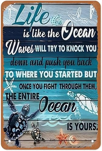 Miniatura 1 de Póster de metal Life Is Like The Ocean Turtle de 12 x 8 pulgadas, decoración de pared náutica de playa costera, color verde azulado, cita