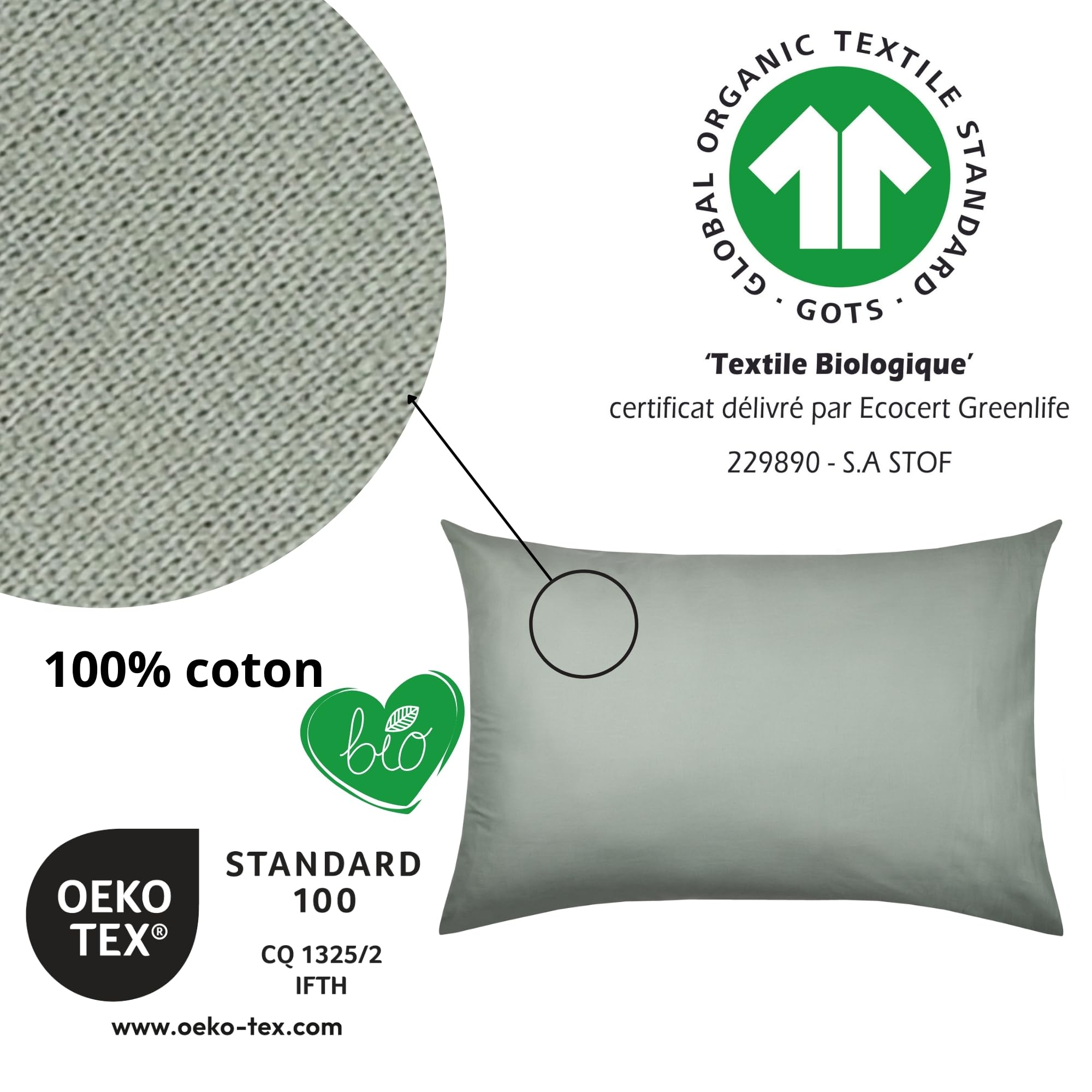 STOF, Pillowcase, Size 50 x 70 cm, 100% Organic Cotton, Quality, Oeko-Tex Certified, Colour Khaki, Horizon Model - Image 2