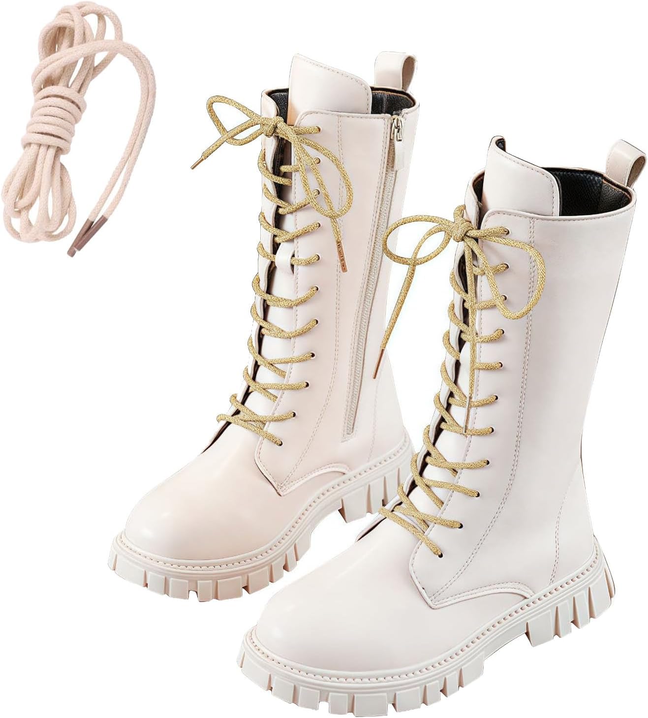 Girls Lace Up Riding Boots Kids Mid Calf Combat Boots PU Leather Side Zipper Punk Goth Boot Casual Cowgirl Princess School Shoes Outdoor Solid Color Anti Slip Autumn Winter for Age 4-11 Years
