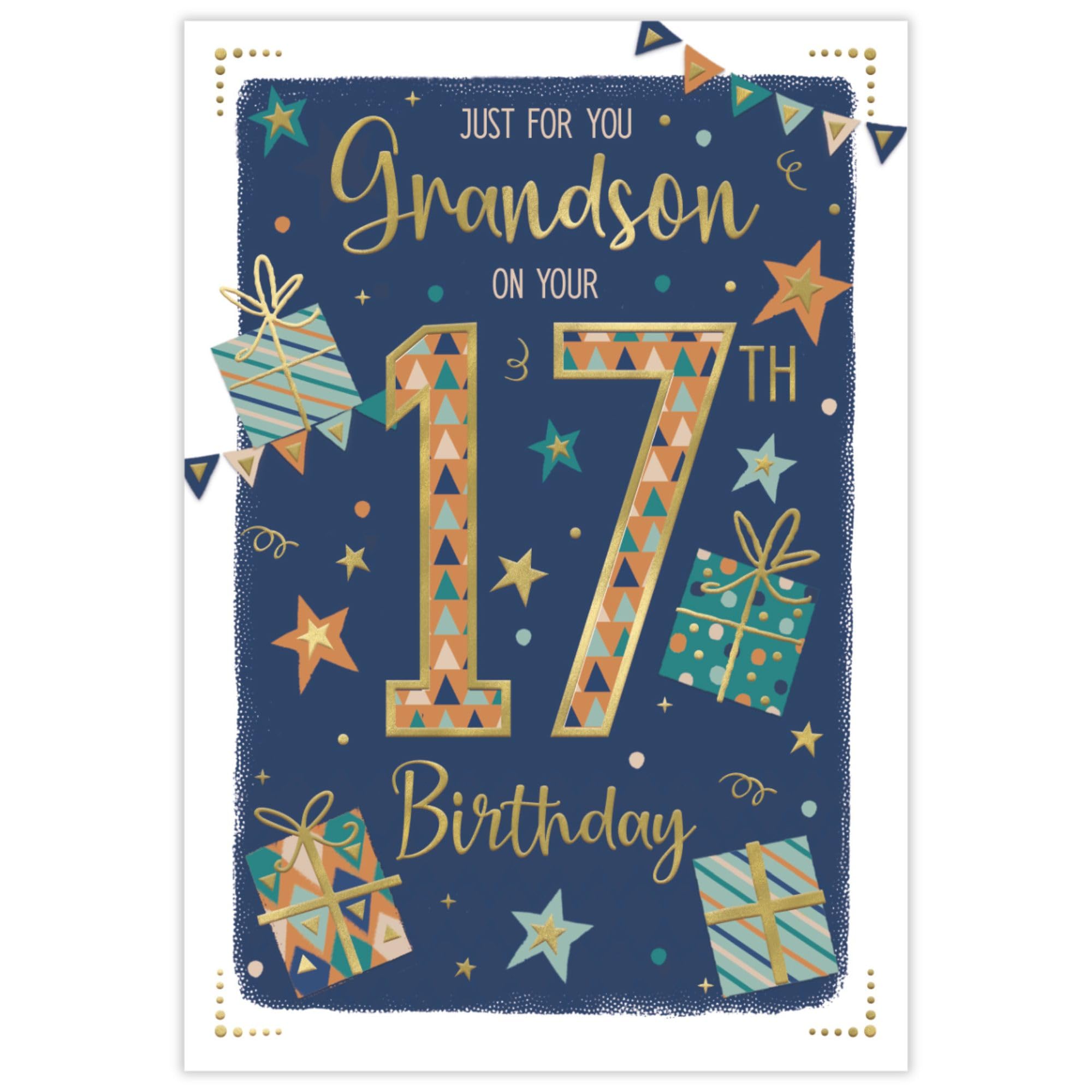 ICG 17th Birthday Card for Grandson - Stars & Presents Design - Gold Foil Finish - Teenage Boys Premium Special 17 Birthday Greeting Card with Envelope