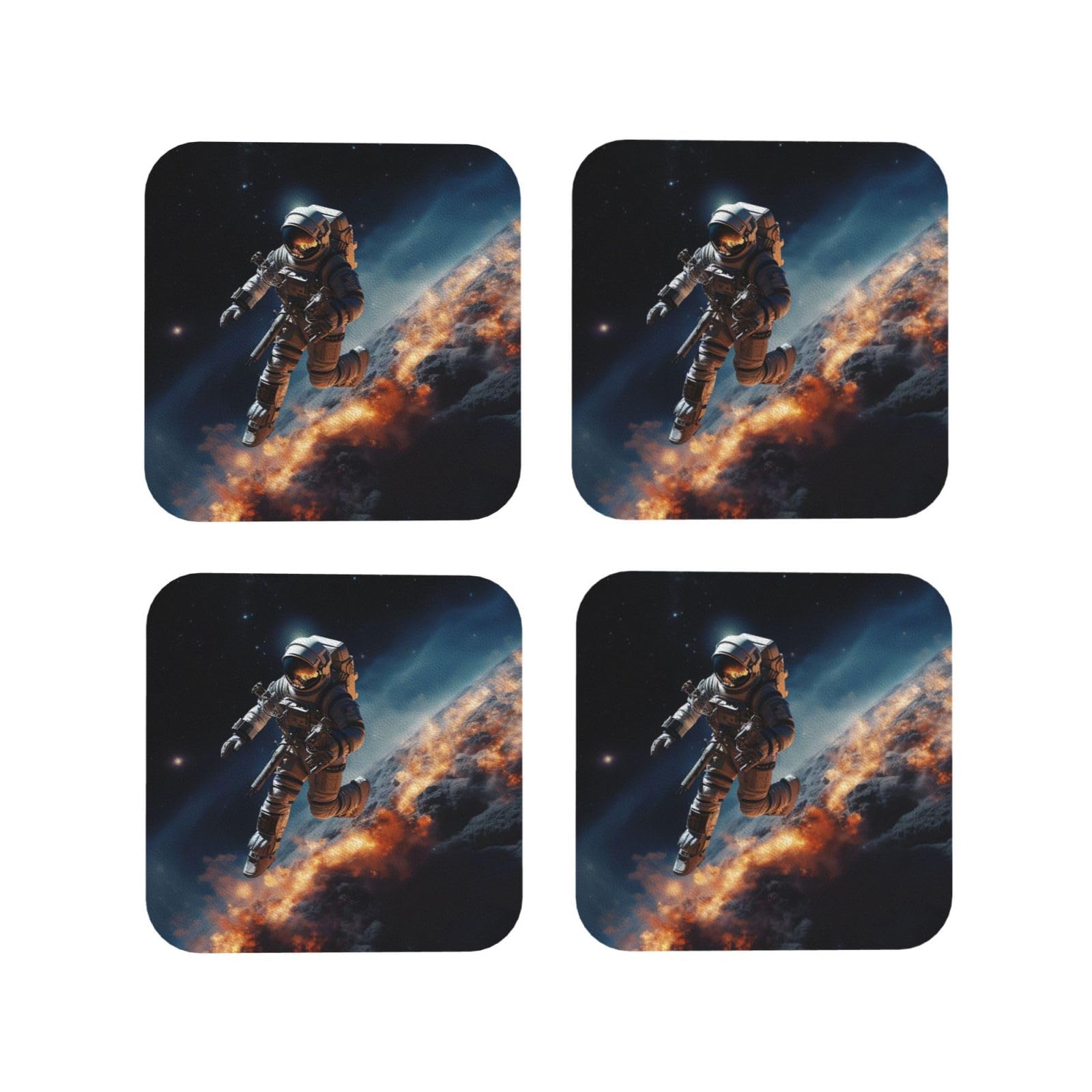 4pcs Drink Coasters for Tabletop Protection, 4" Leather Coasters for Drinks, Astronaut Flying in Space Cup Coasters for Coffee Table Decor, Non-Slip Drinking Cup Mat for Hot Or Cold Drink
