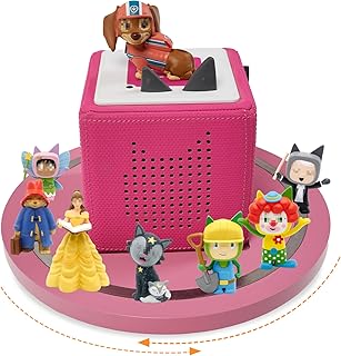 for TonieBox 1 and Toniebox 2, Tonies Box Shelf 360° Round Turntable Pine Wooden Tonies Magnetic Shelf Organizer Figure 10-20 Characters Compatible Charging Station Shelves for Kid's Room(Pink)