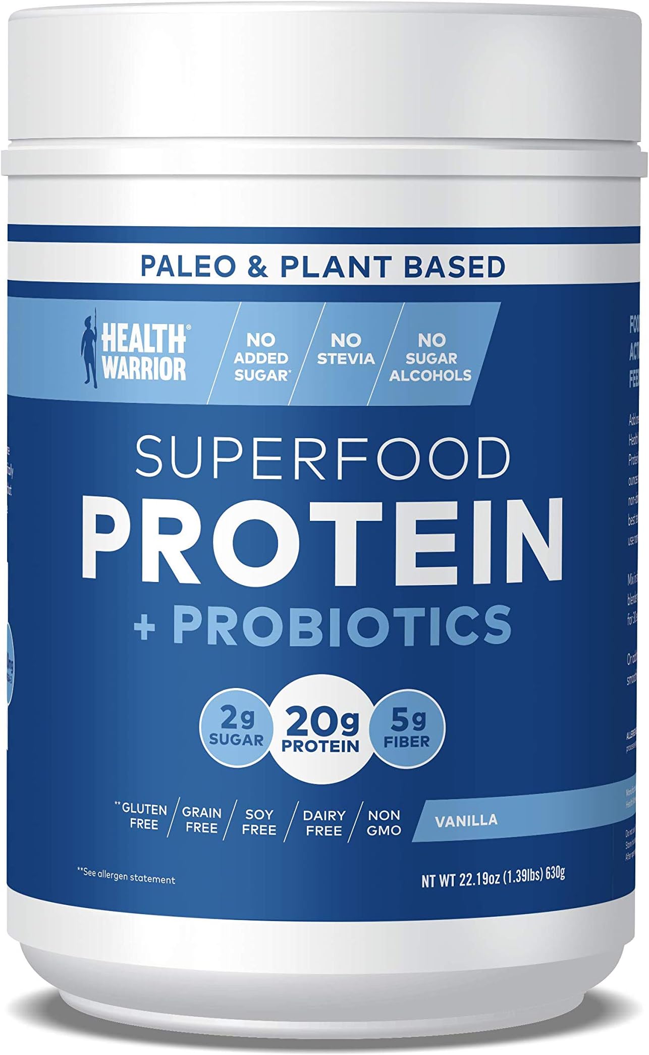 HEALTH WARRIOR Superfood Protein Powder, Vanilla, 18 Servings, 20g Plant-Based Protein, Vegan, Non-GMO, Gluten Free, Paleo, Stevia Free, Low Sugar, Probiotics and Prebiotics