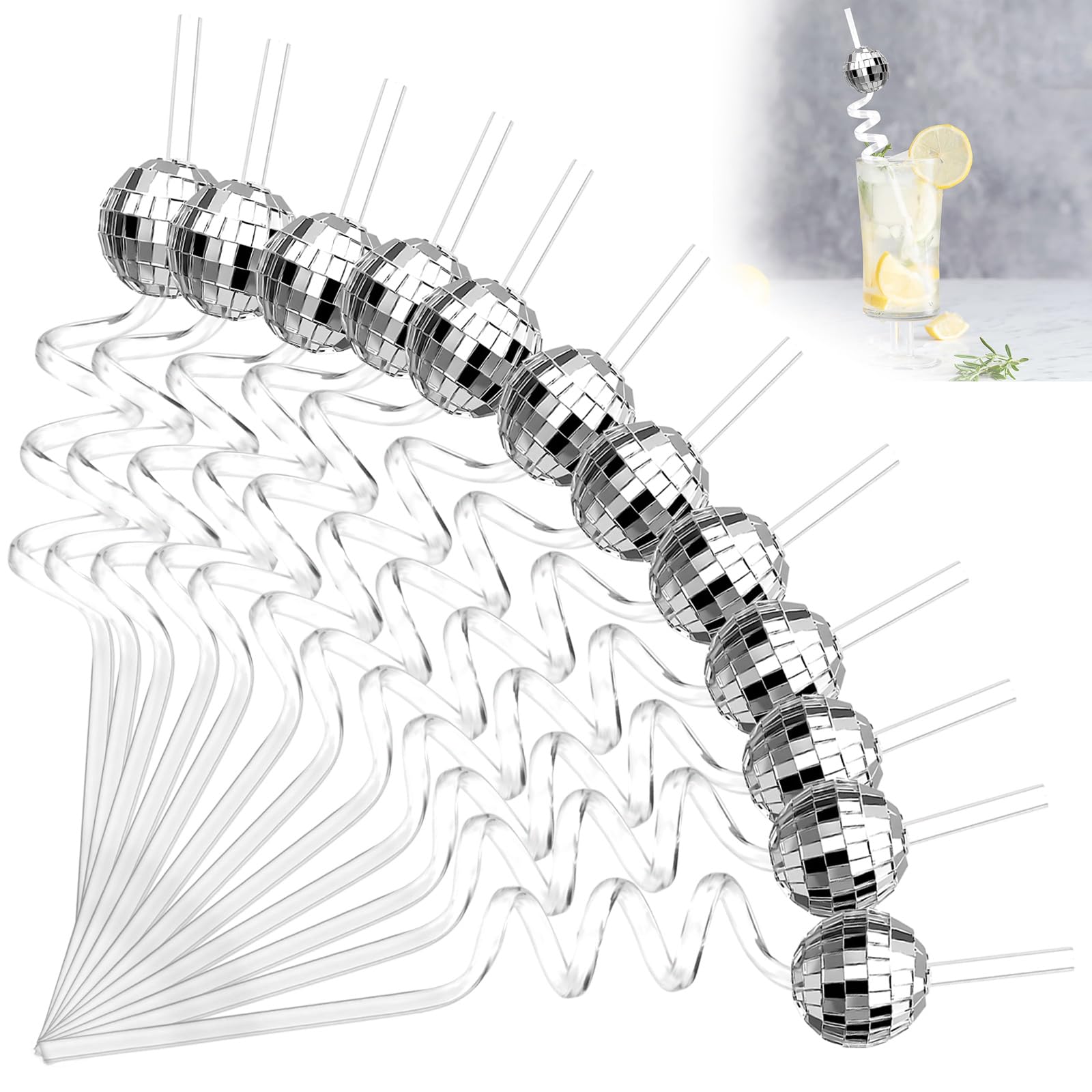 12 pezzi Cannucce Palla da Discoteca, Cannucce per Cocktail Riutilizzabili, Cannucce a Specchio in Plastica, Ricurve Cannucce di Plastica, per Feste di Compleanno, Bar a Tema Anni '70, Argento