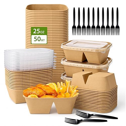 DI QIU REN 50-Pack 25oz Disposable Kraft Paper Bowls 2-Compartment【with