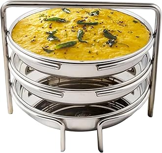 Stainless Steel Dhokla Maker & Thatte Idli Maker Stand, 3 Large Plates (19cm), 3 Wire Stand, Fits All Cookers, Ideal for Khaman Dhokla, Idli, & Thattu | Dhokla Plate for Steam Cooking