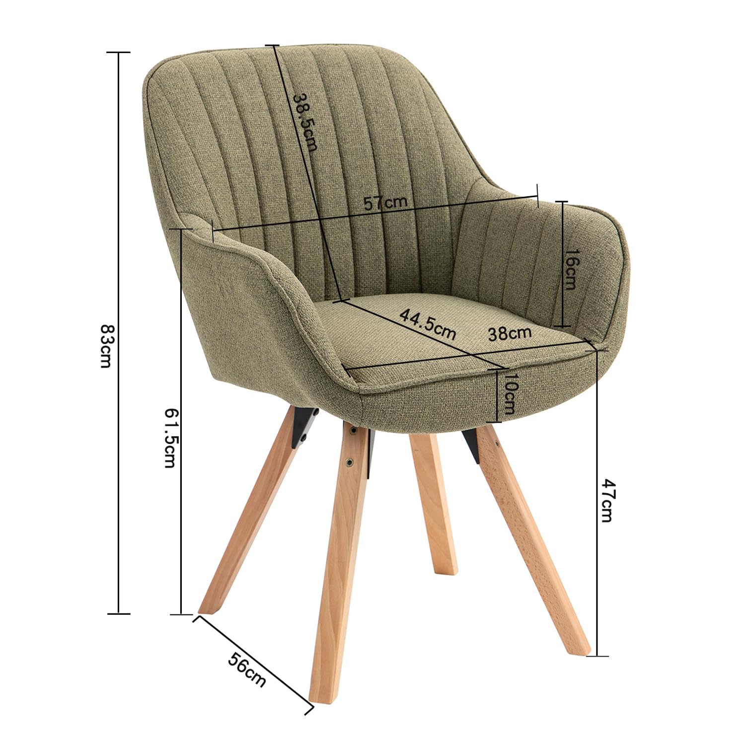Meuble Cosy Lot de 6 Chaise Salle à Manger Scandinave Fauteuil Coiffeuse Siège Pivotant avec Accoudoirs pour Chambre Salon Cuisine Bureau, Rembourré en Tissu Pieds en Bois Massif, Vert, 60x58x83cm