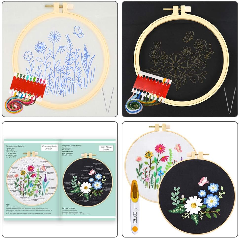 Caydo 2 Pack Embroidery Kit for Beginners with Instructions, 2 Embroidery Clothes with Floral Pattern, Embroidery Hoops, Color Threads and Tools