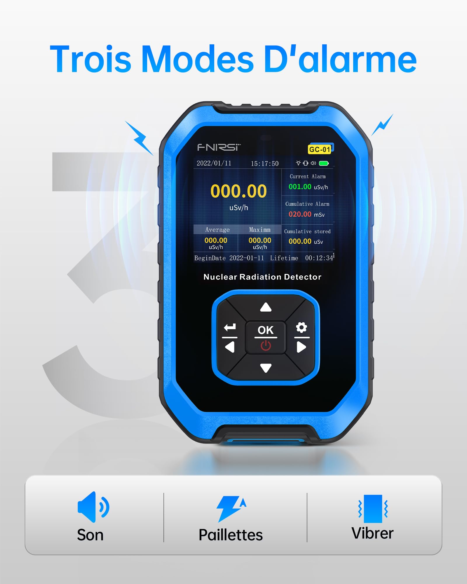 FNIRSI GC-01 Geiger Compteur de rayonnement nucléaire, dosimètre de rayonnement avec écran LCD, Portable Portable Beta Gamma X-Ray Rechargeable, 5 unités de Dosage, 0,0 μSv-500 MSV