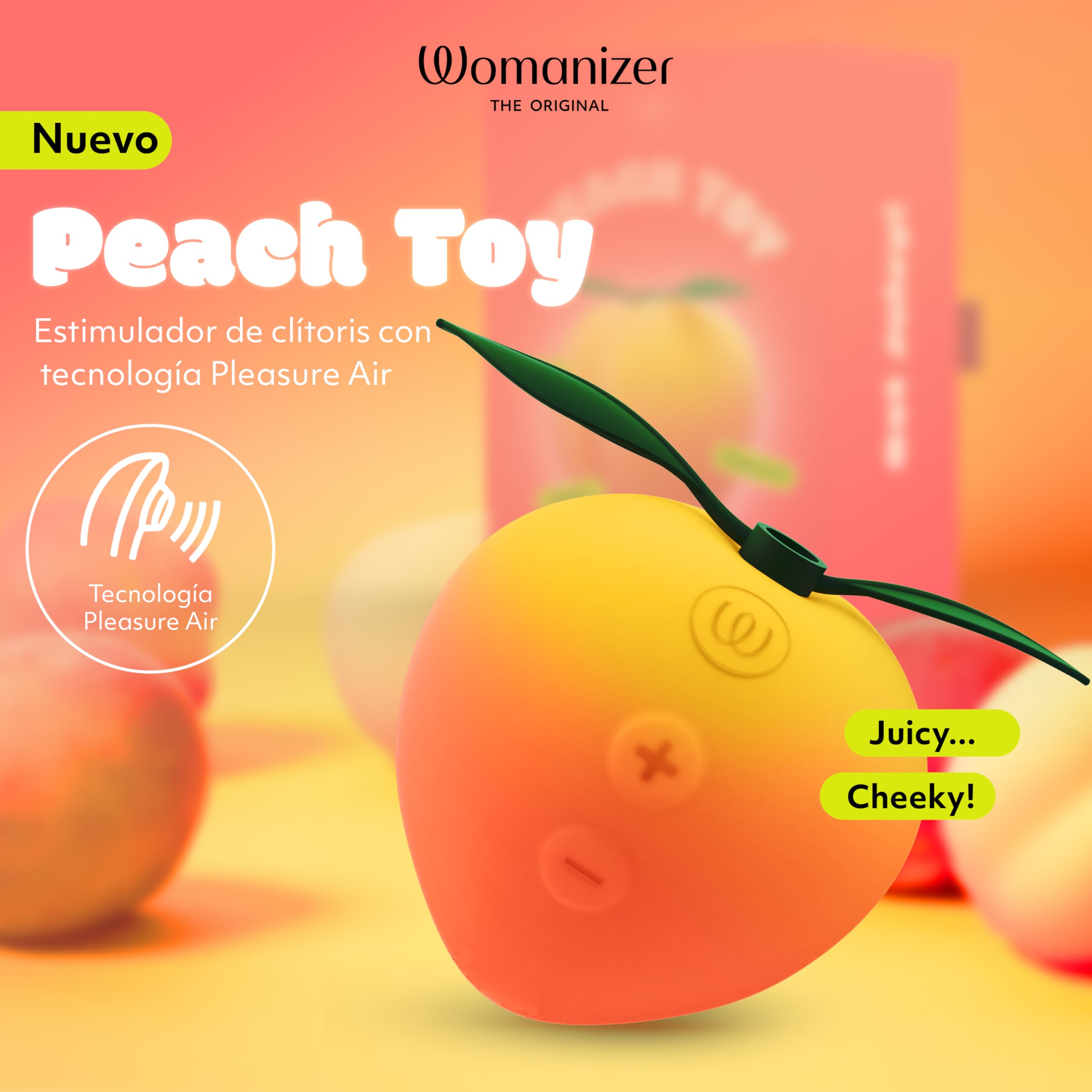 Womanizer Peach Succionador de Clítoris | Vibrador de Ondas de Presión Air Pulse | 14 Niveles | Cargador USB | Impermeable IPX7 | Cable de Carga y Base Soporte | Diseño Melocotón | Autonomía 60 min