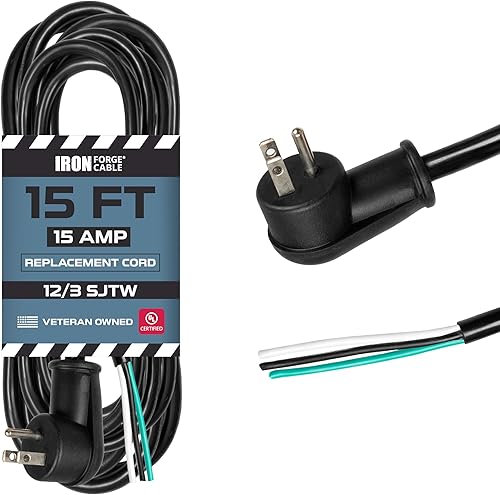 Iron Forge Cable Cable de fuente de alimentación de repuesto resistente de 15 pies con extremo abierto, enchufe plano delgado de 90 grados, cable de