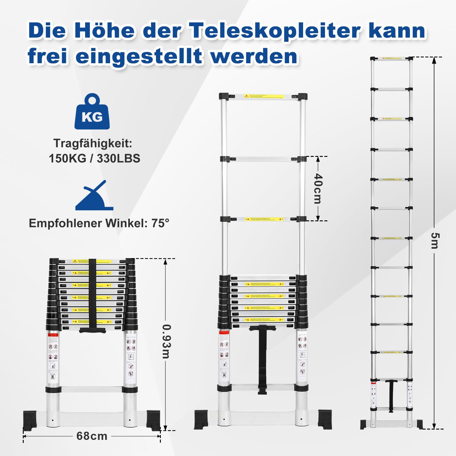 Teleskopleiter, 5M Aluminium Ausziehbare Leiter mit Stabilisator, Belastung 150kg, Rutschfester Aluleiter Stehleiter Mehrzweckleiter für Dachboden Büro Wohnmobil Klettern