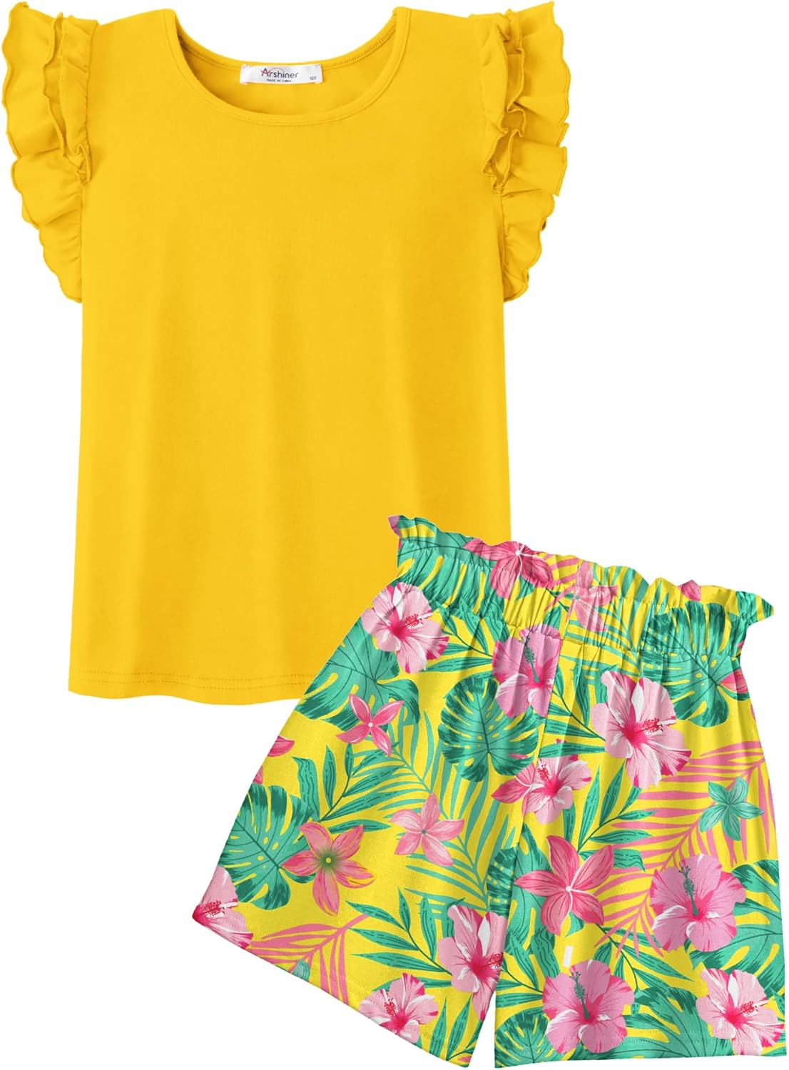 Arshiner Girls 2 Piece Outfits Summer Clothes Ruffle Short Sleeve Shirts Top and High Waist Paper Bag Shorts Set with Pockets
