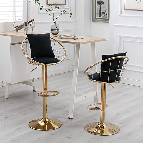 Miniatura 10 de Juego de 2 taburetes de bar dorados modernos, giratorios de 360 con respaldo de red y almohada, sillas de bar de terciopelo para tapicería para