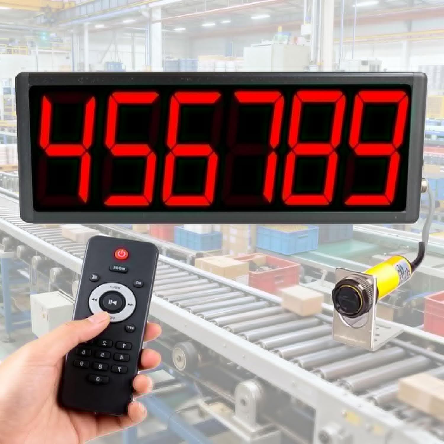 Compteur numérique LED, affichage à 6 chiffres, compte jusqu'à 999999, distance d'induction 70 cm, télécommande, mémoire de panne de courant pour bandes transporteuses et lignes de production