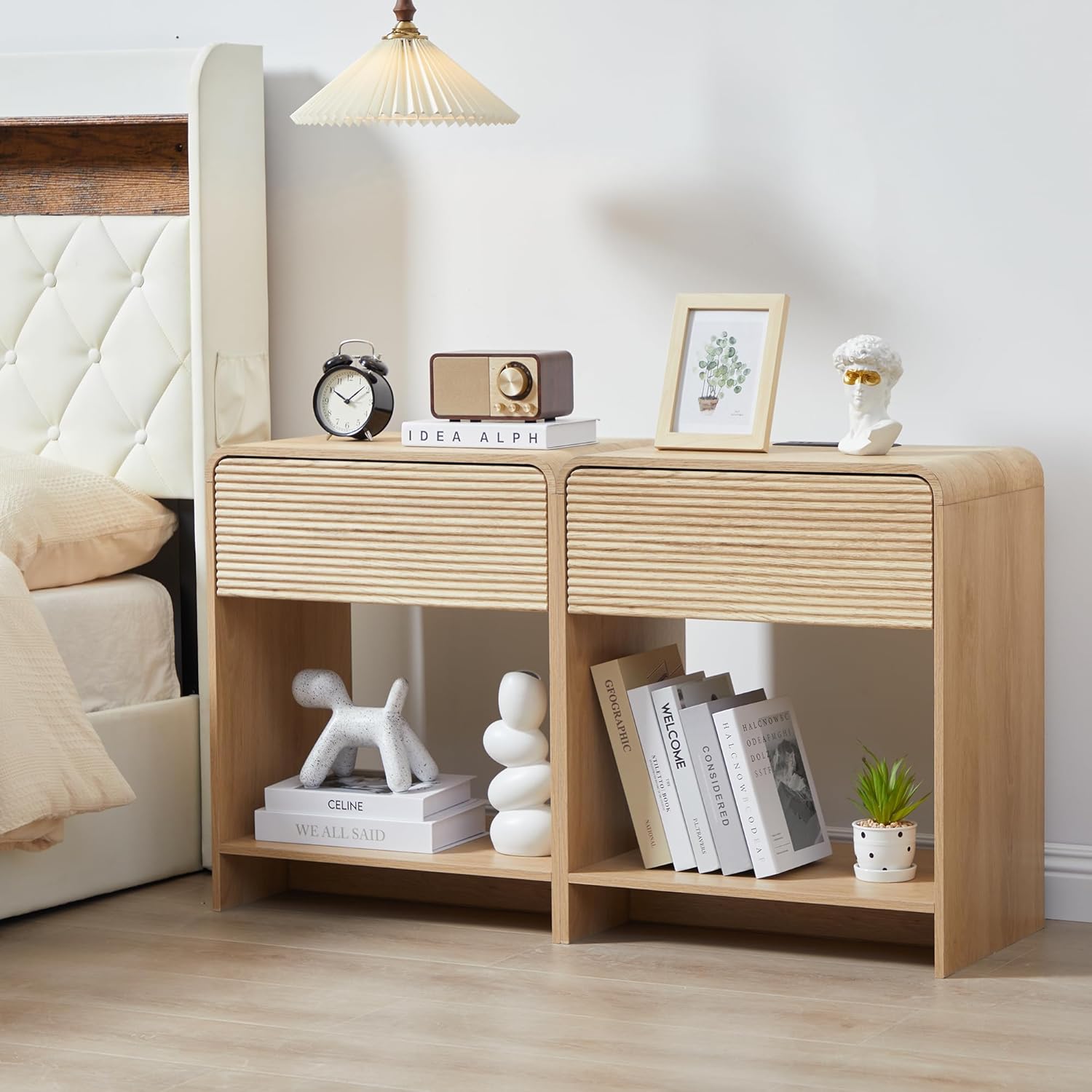 XUZENEST Fluted Nightstand Set of 2 with Charging Station, Modern Bed Side Table End Table with Drawer Storage, Large Wooden Night Stands Bedside for Bedroom Living Room Sofa Office, Natural 2 Sets