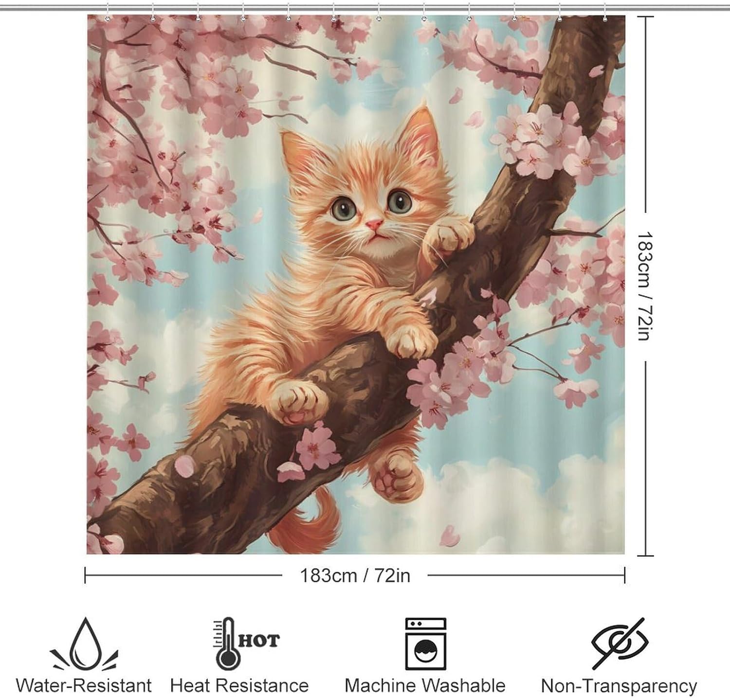 Meow Cat Cherries Tree Bathroom Sets with Shower Curtain and Rugs 4 Piece with U-Shaped Floor Mat Toilet Lid Cover