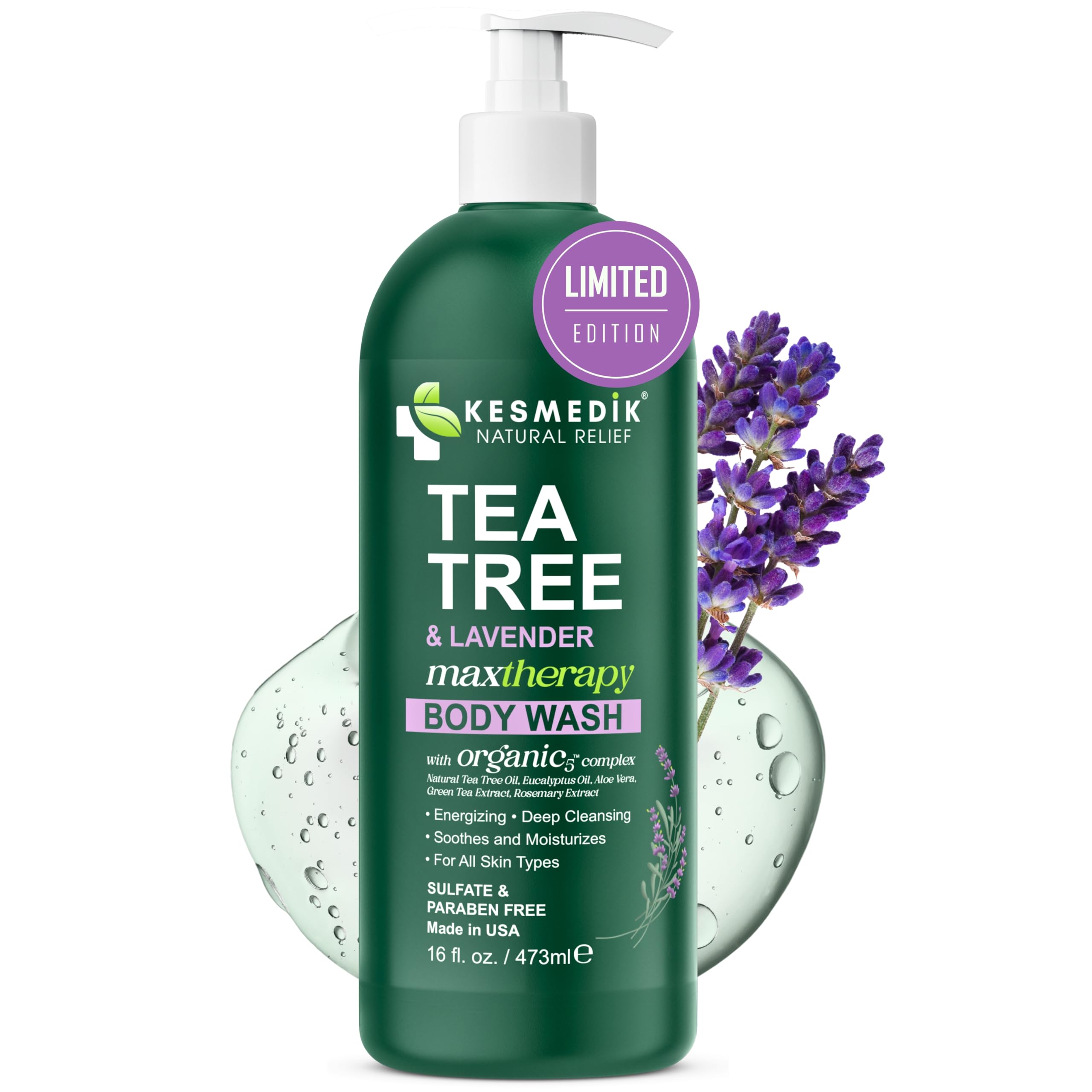 KESMEDIK Tea Tree Lavender Body Wash MaxTherapy, Itchy Skin Relief, Antifungal Defense, Fights Body Odor, Soothes Jock Itch & Athlete's Foot, Intimate