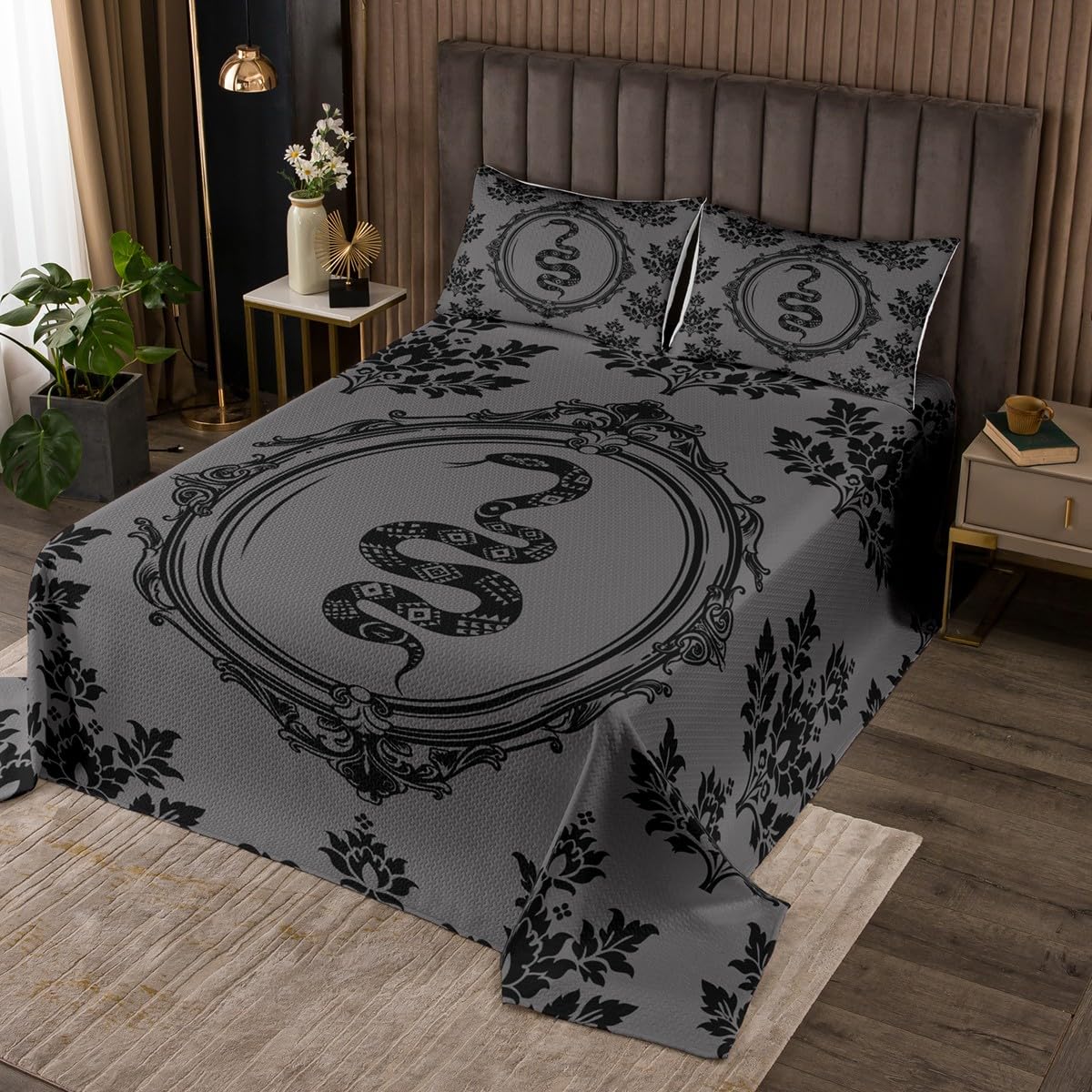 jejeloiu Dark Grey Damask Print Bedspread Twin Size Kids, Boho Goth Snake Coverlet Set for Boys Girls, Vintage Bohemian Quilted Coverlet Microfiber Gothic