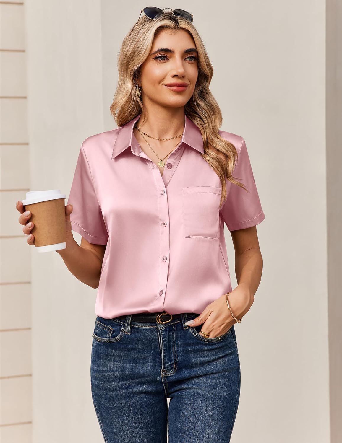 Zeagoo Satin Blouses for Women Silk Button Down Shirts Short Sleeve Business Casual Tops - Image 5