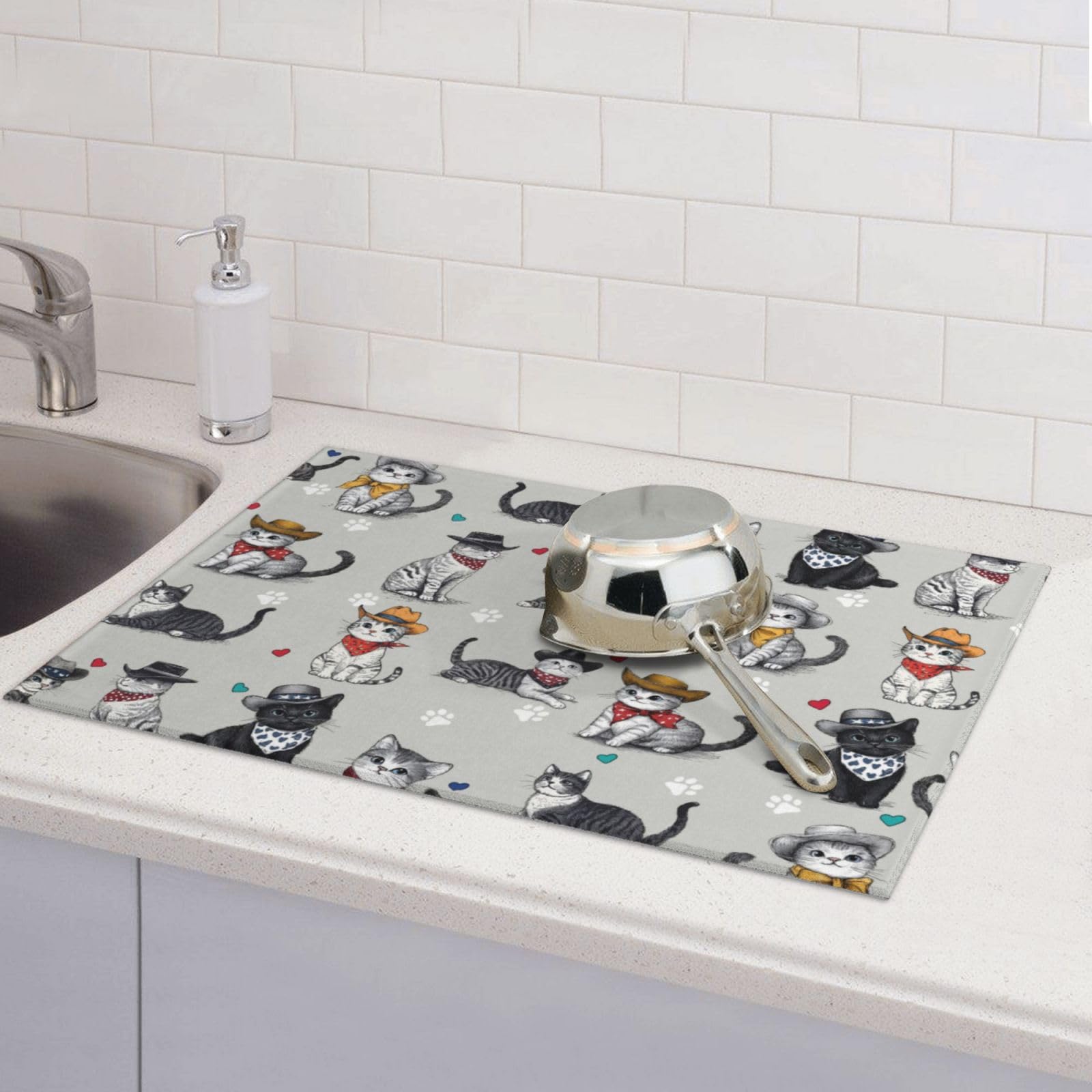 Tapete de secado de platos para gatos y amantes de las mascotas, 18 x 24 pulgadas, para encimera de cocina, tapete de microfibra absorbente, escurridor de platos, tapetes de secado rápido, accesorios