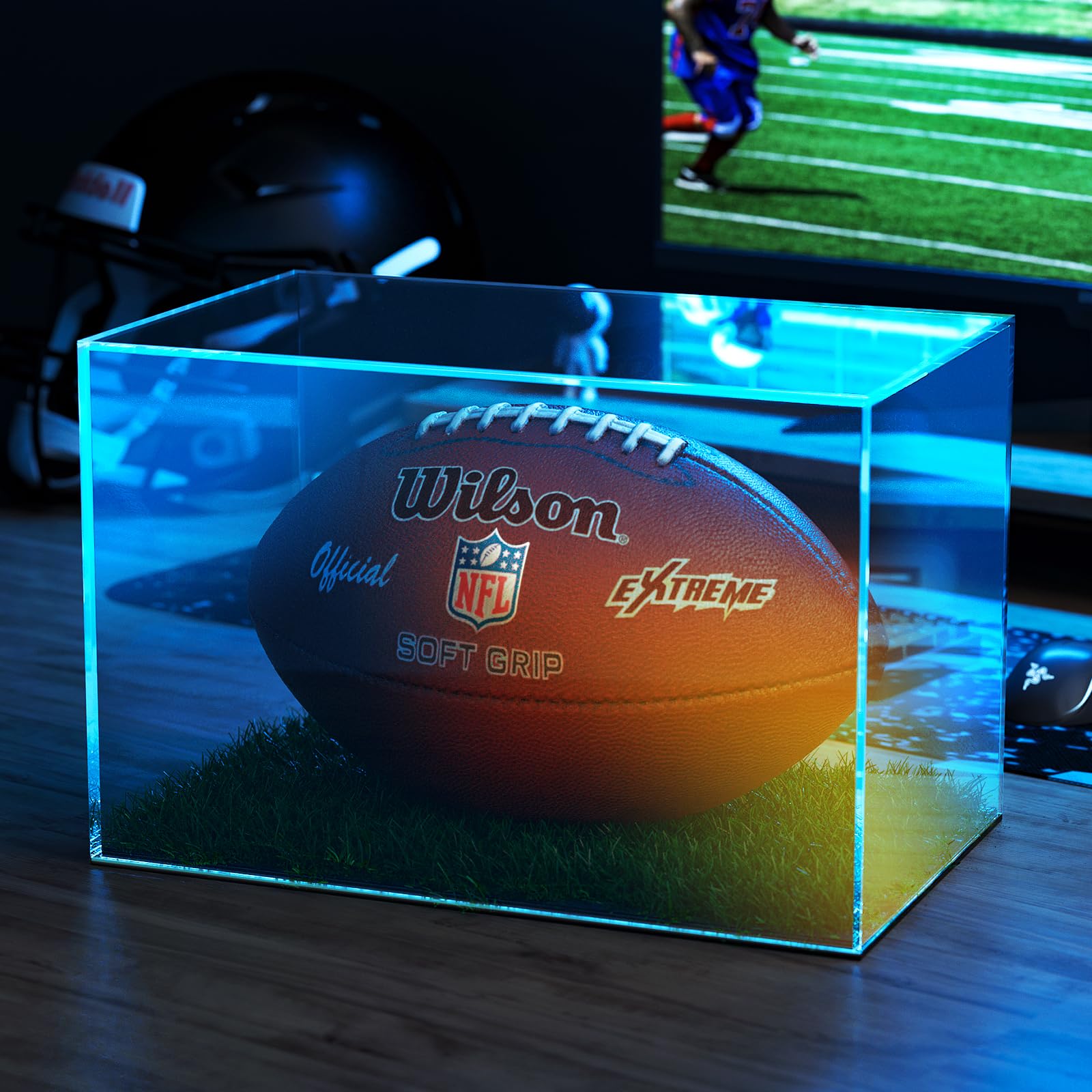 LVETOLS Autographed Football Display Case Full Size, No Assembly Required Clear Acrylic Show Case with Artificial Turf for Football Display