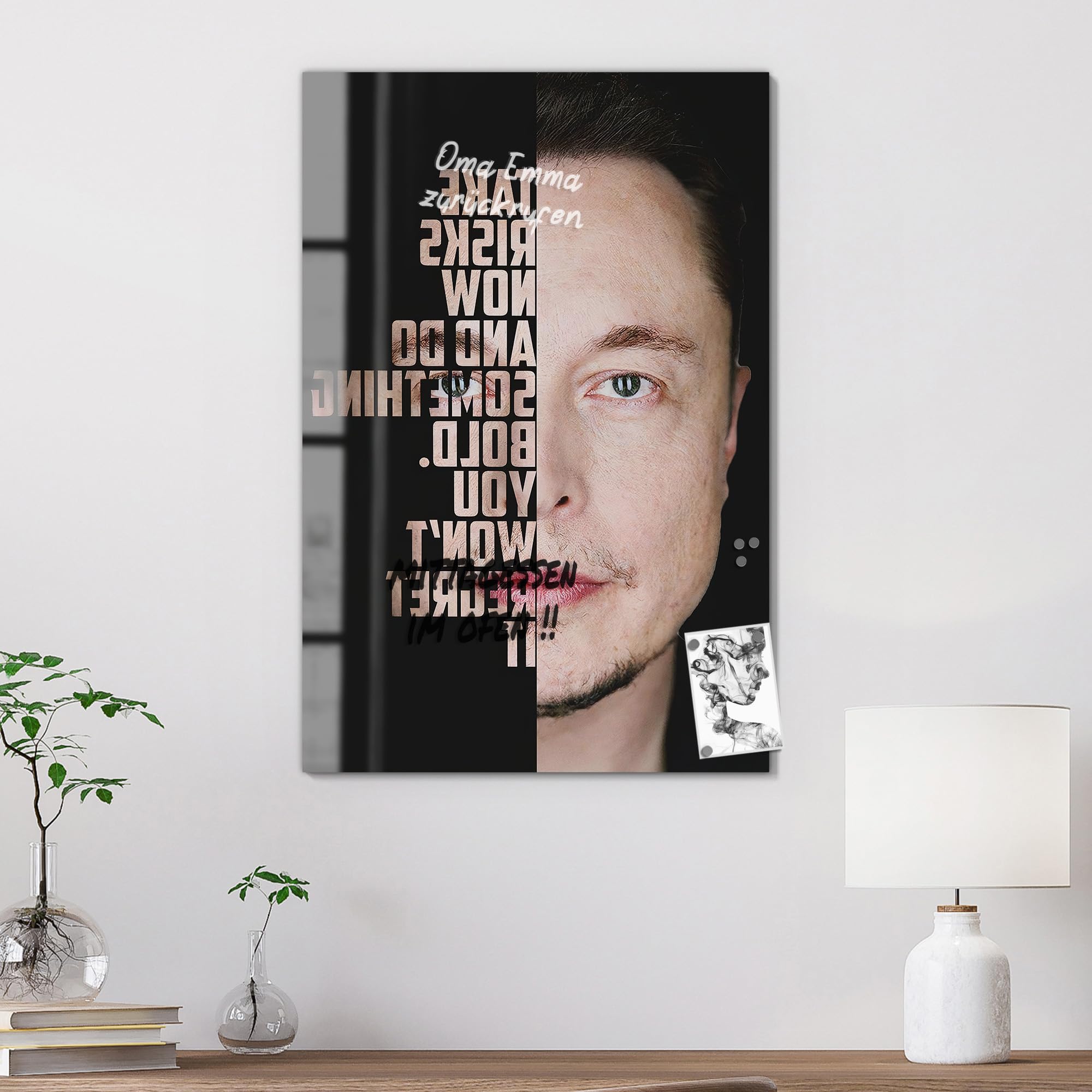 DEQOART Pizarra magnética de cristal, 60 x 90 cm, diseño "Mut zur Action", pizarra magnética de cristal, incluye imanes, bolígrafo y paño para cocina y oficina, pizarra magnética y se puede escribir