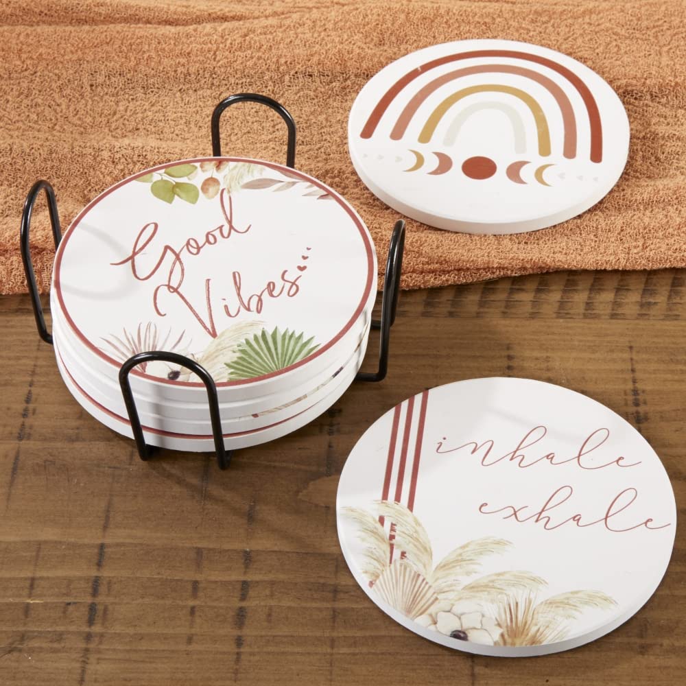 Kate Aspen Boho Ceramic Coaster with Holder (Set of 6), Home Décor & Gift Set, Party Favor, Take Home Gift,