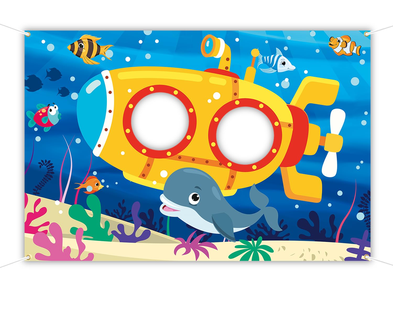 Cartoon Underwater World Backdrop 5 x 3.3 ft, Submarine Face in Hole Selfie Photo Prop, Seabed Whale Photography Background, Undersea Submarine Birthday Party Decoration Kids Face Cutout Photo Props