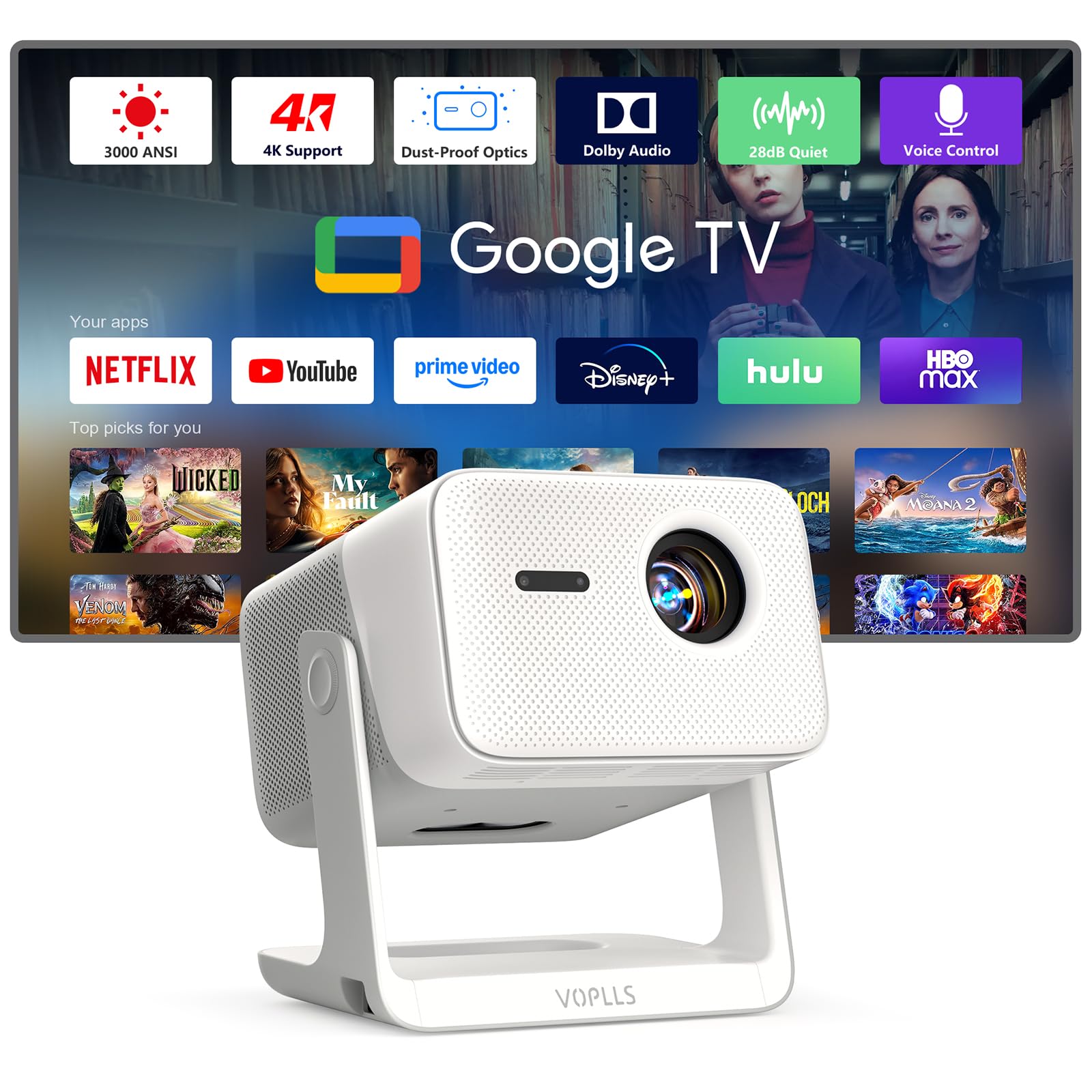 3000 ANSI Official Licensed Google TV 4K Smart Projector with WiFi and Bluetooth VOPLLS Outdoor Projectors with Dolby